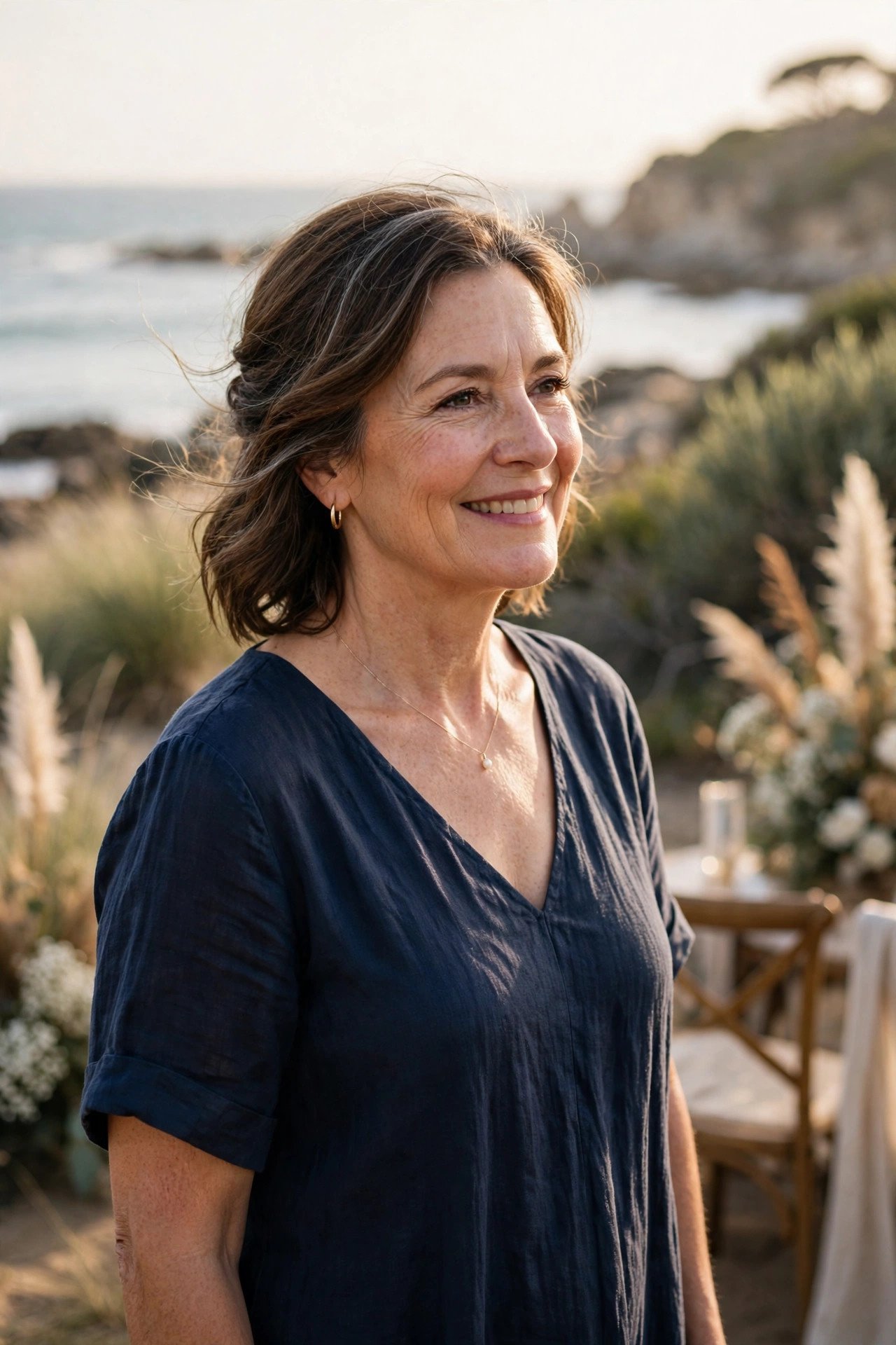 Mother of the bride in a navy lightweight dress at a coastal wedding