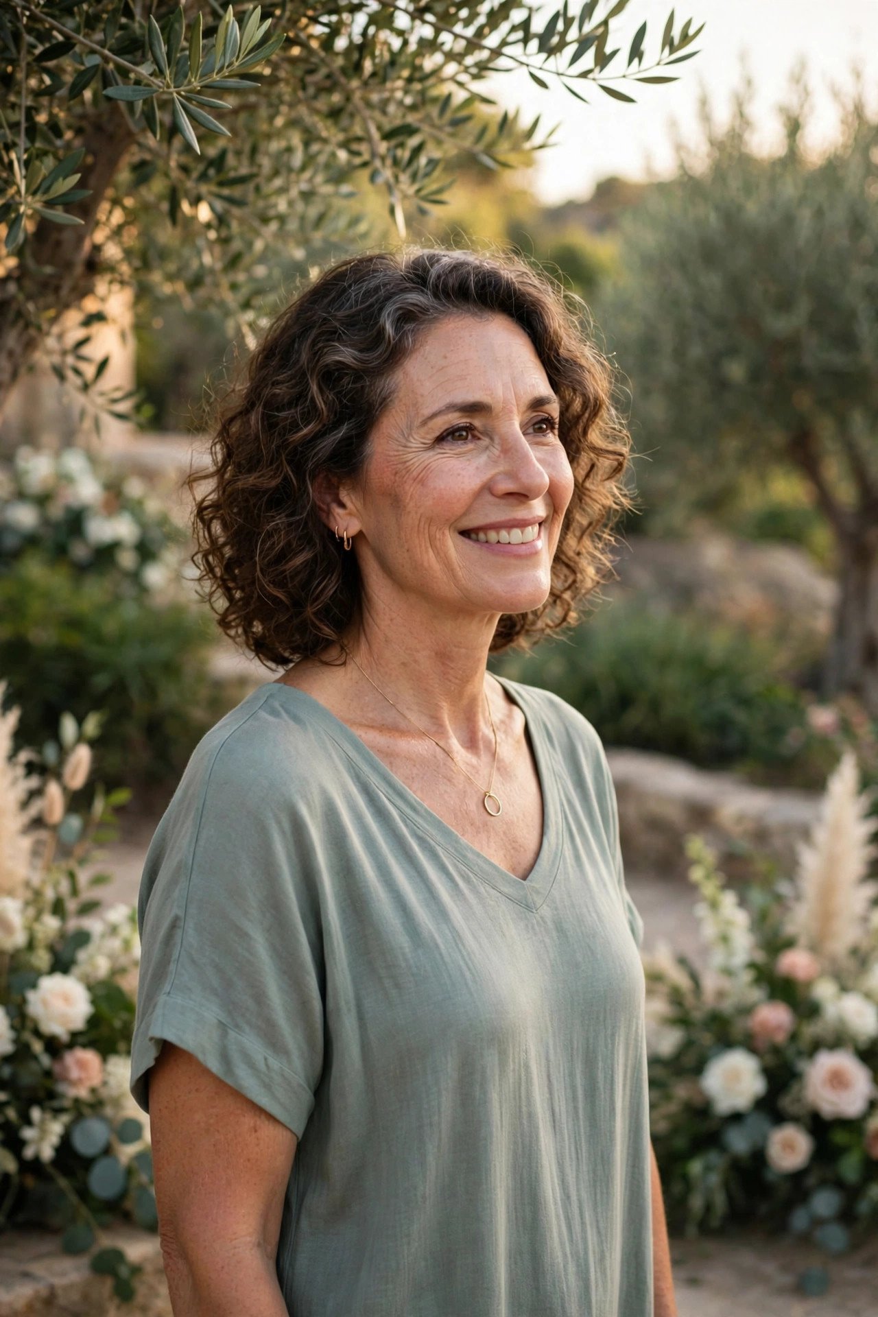 Mother of the bride in a breathable jersey dress at a destination wedding