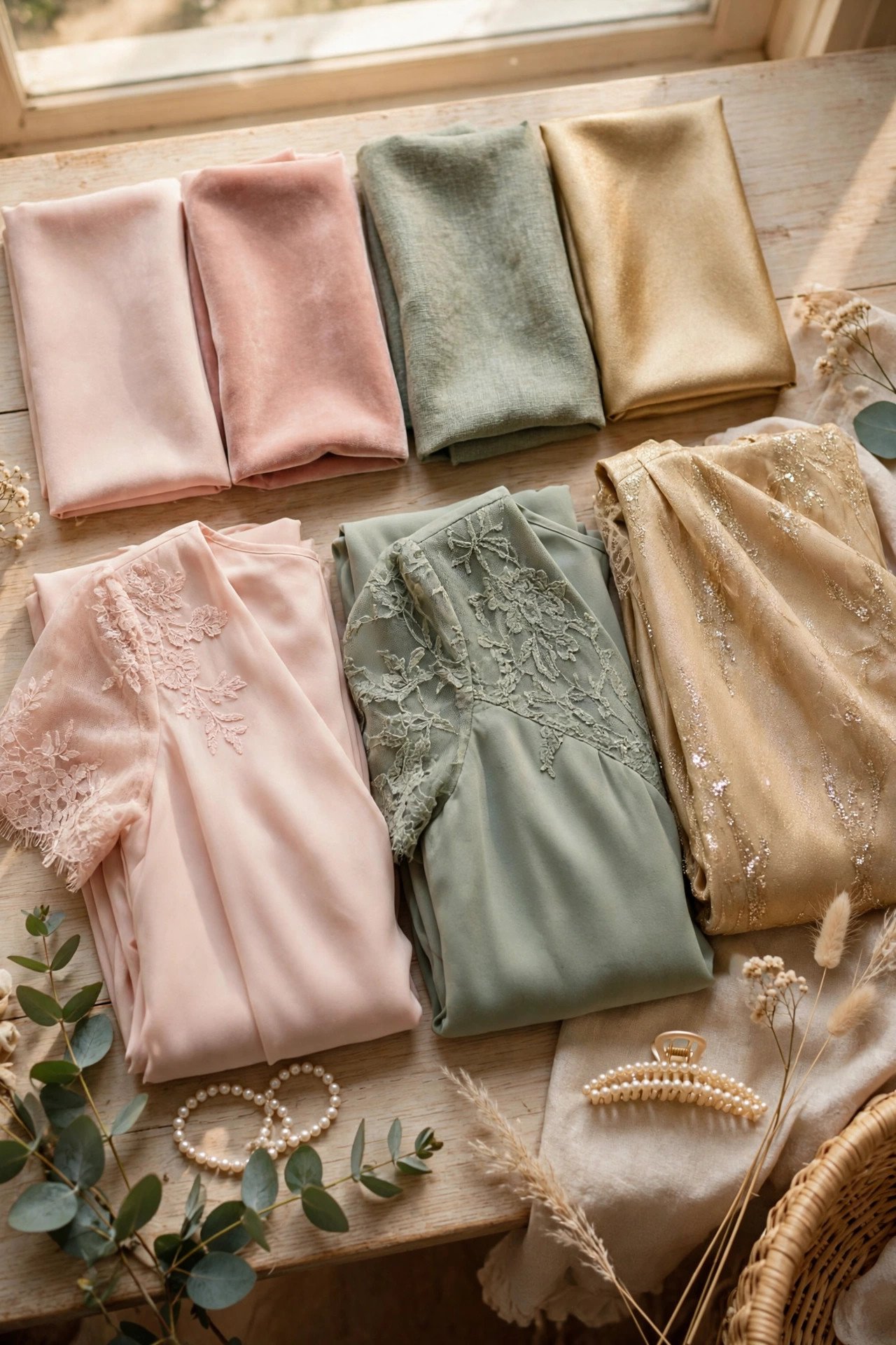 A wedding color palette of fabric swatches in blush, sage and gold laid out beside a mother's dress choices