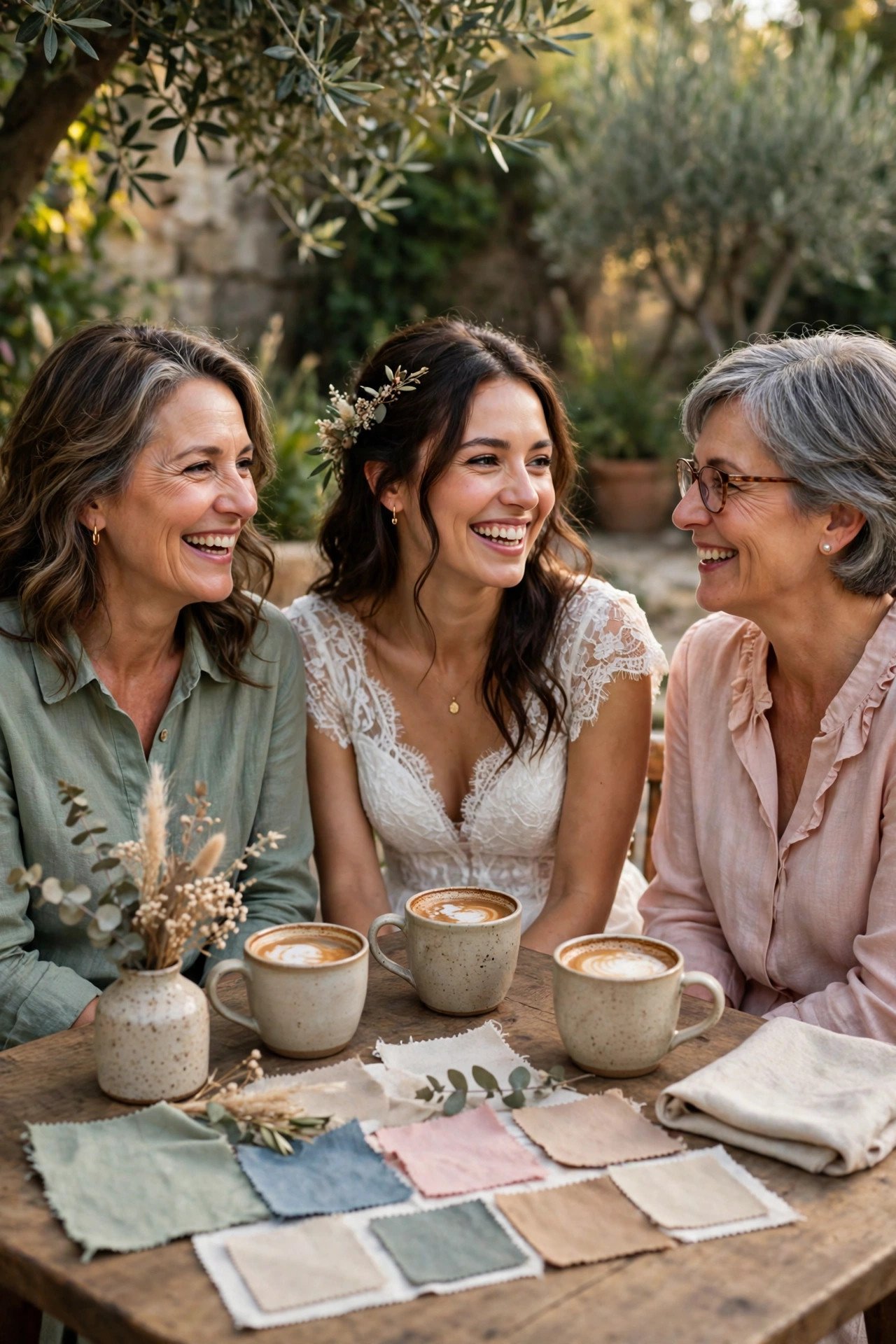 Bride chatting happily with both mothers about wedding colors over coffee