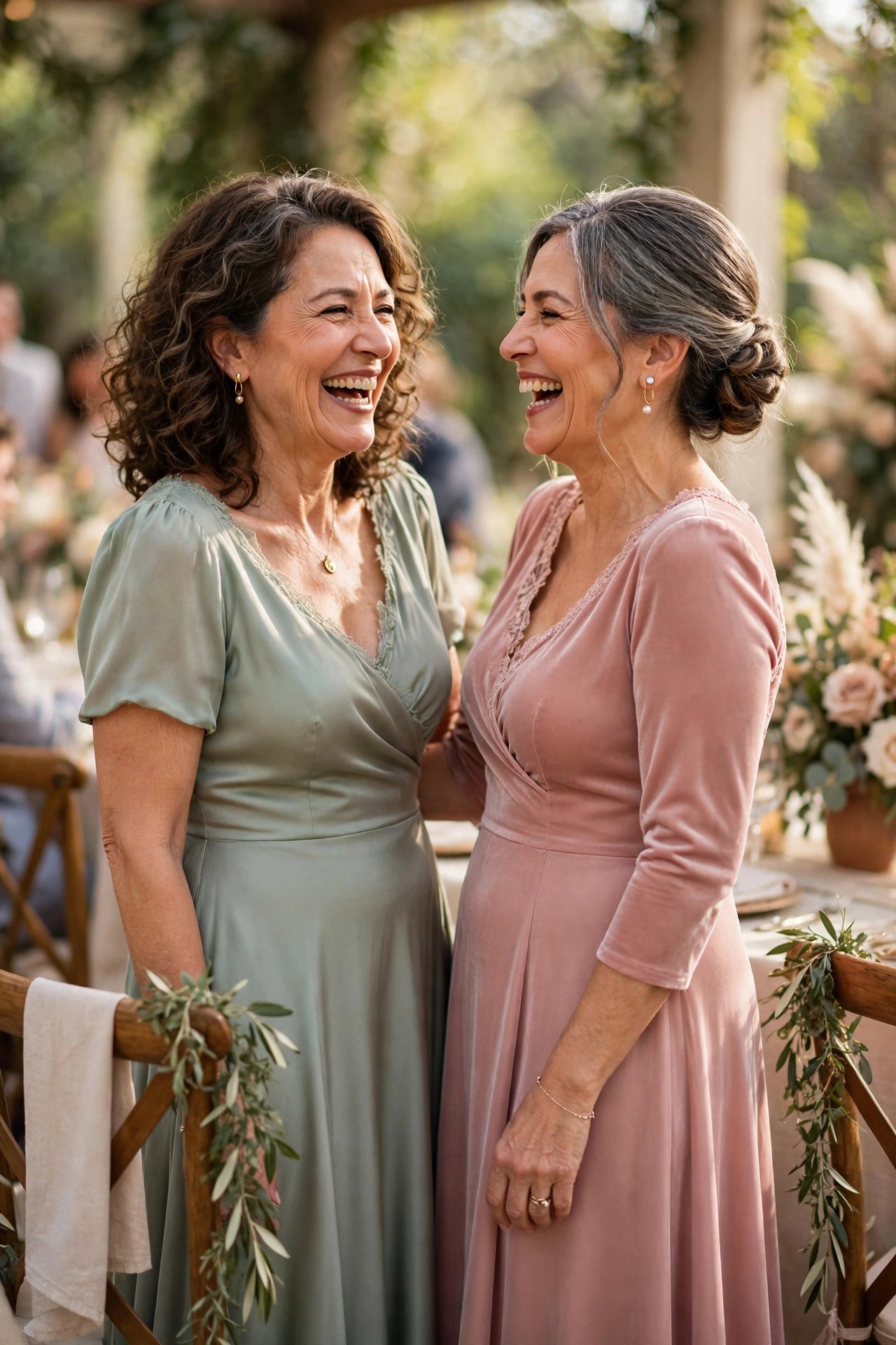 Two mothers in different colored gowns of the same elegant length laughing at a reception
