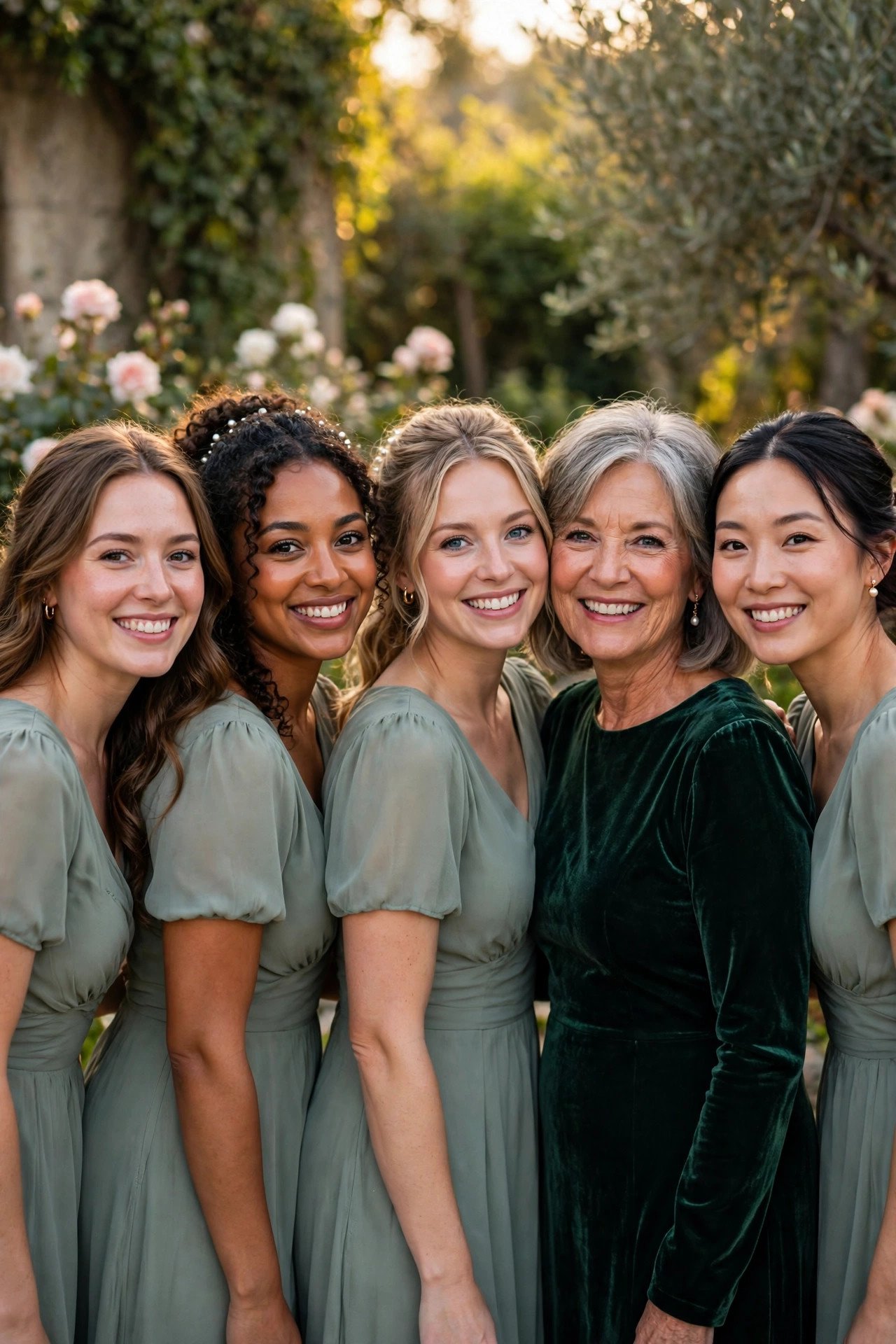 Bridesmaids in matching dresses with the mother of the bride in a deeper coordinating shade beside them