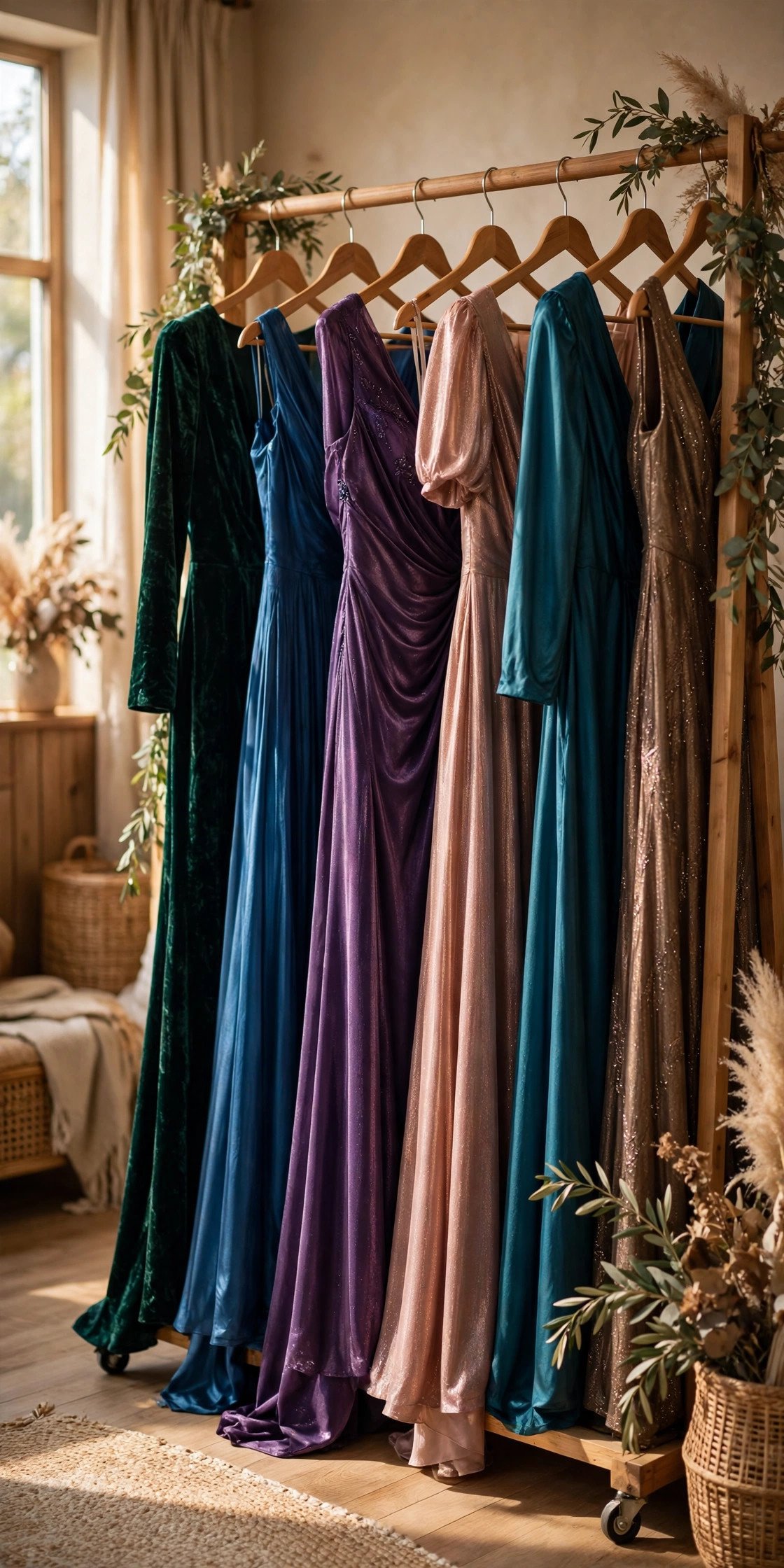 A rack of elegant mother of the bride dresses in jewel tones and soft metallics, none of them white