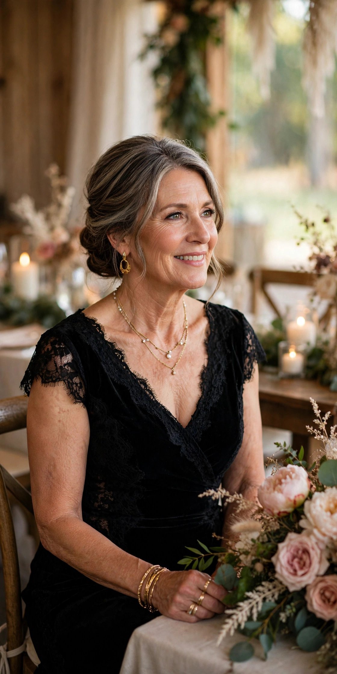 Mother of the groom in an elegant black evening dress with gold jewelry at a wedding reception