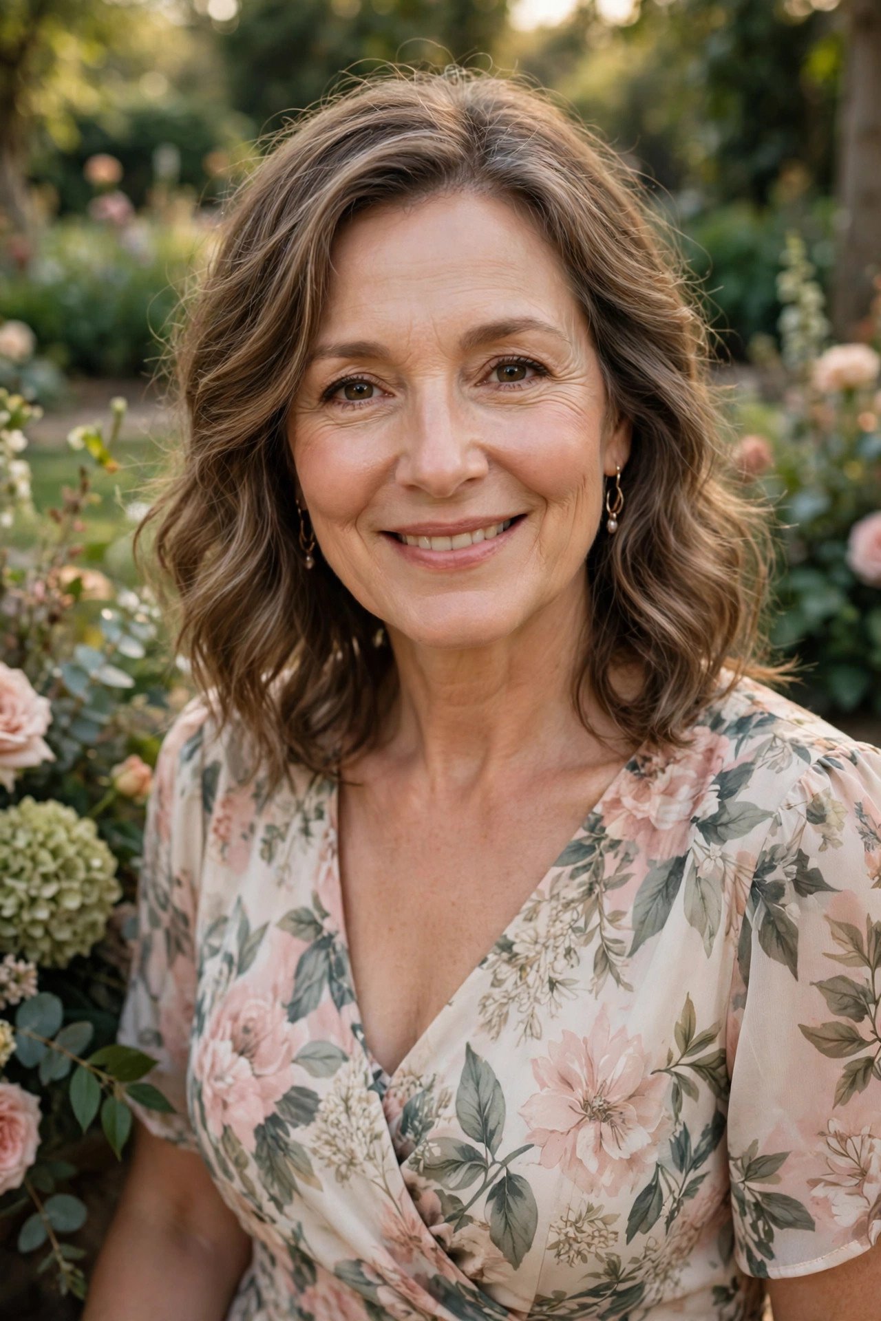 Mother of the bride in a floral print dress featuring blush and sage tones at a garden wedding