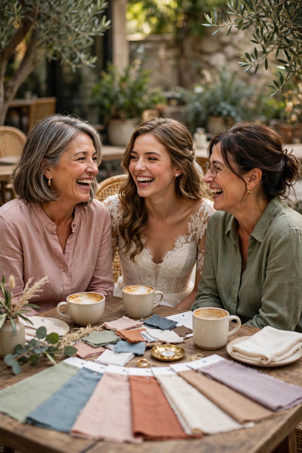 Both mothers and the bride talking and laughing over coffee with color swatches on the table
