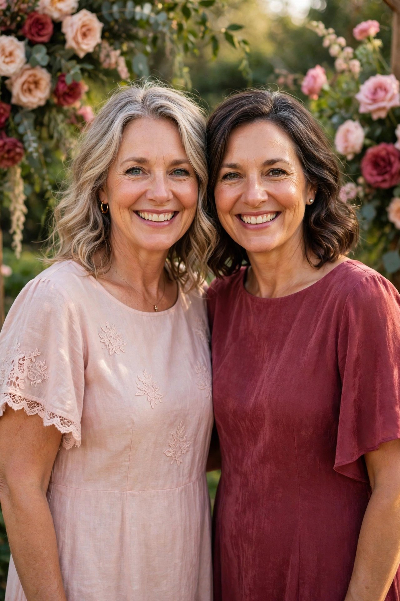 Two mothers in light and deep versions of the same rose color smiling together at a wedding