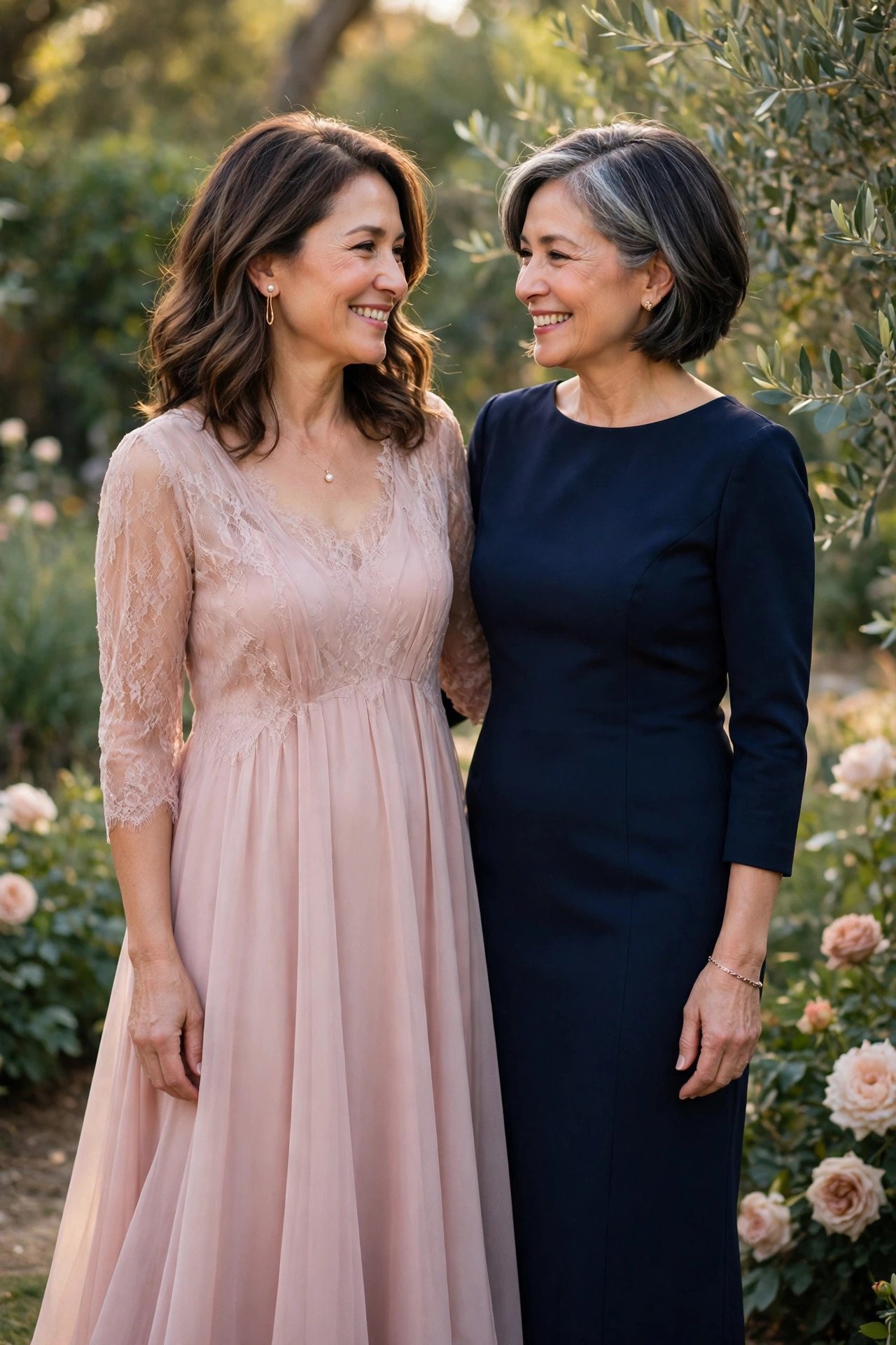 Mother of the bride in a flowing A-line dress beside the mother of the groom in a sleek sheath dress