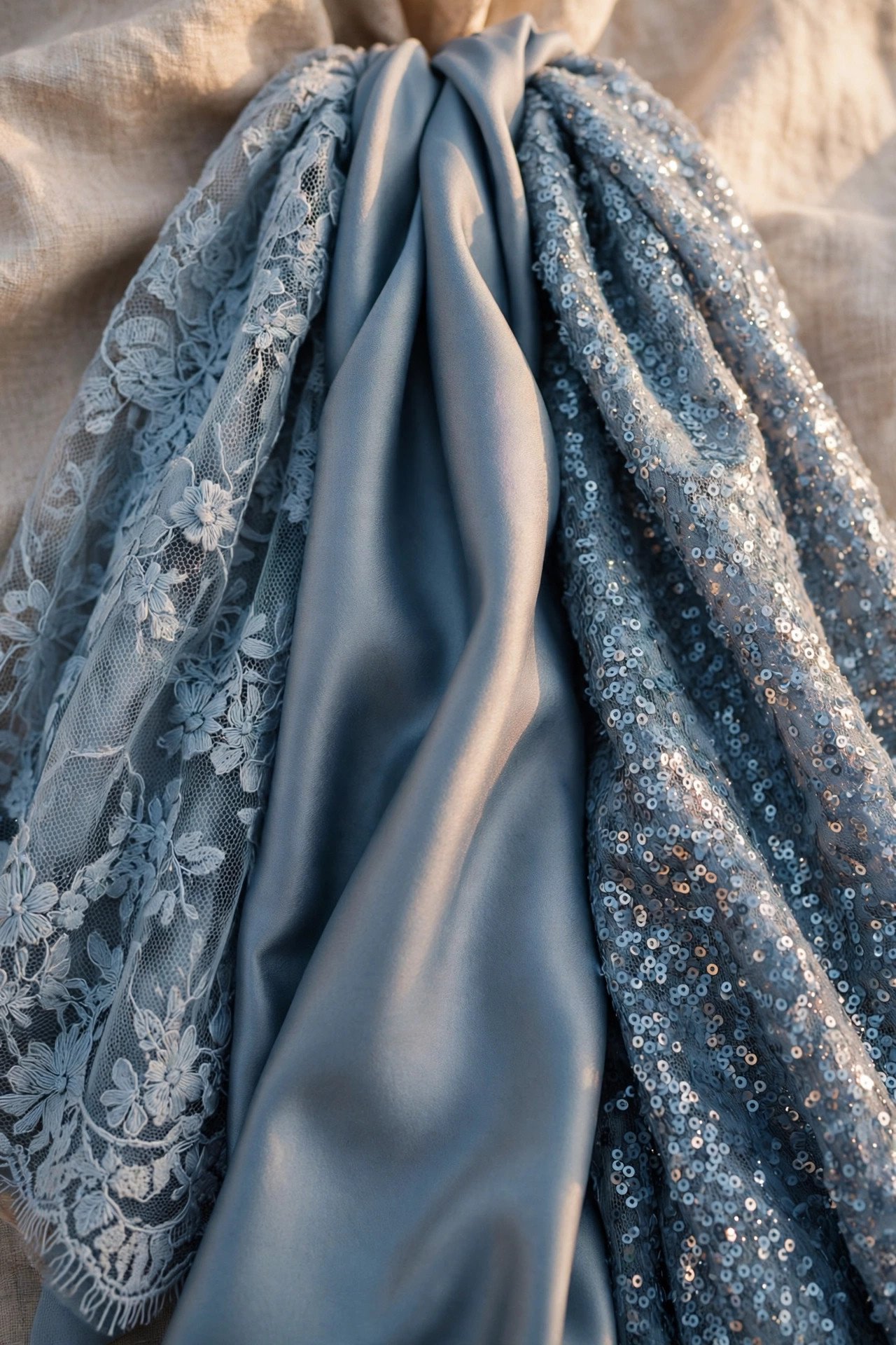 Close view of lace, satin and sequin fabrics in the same dusty blue shade held side by side