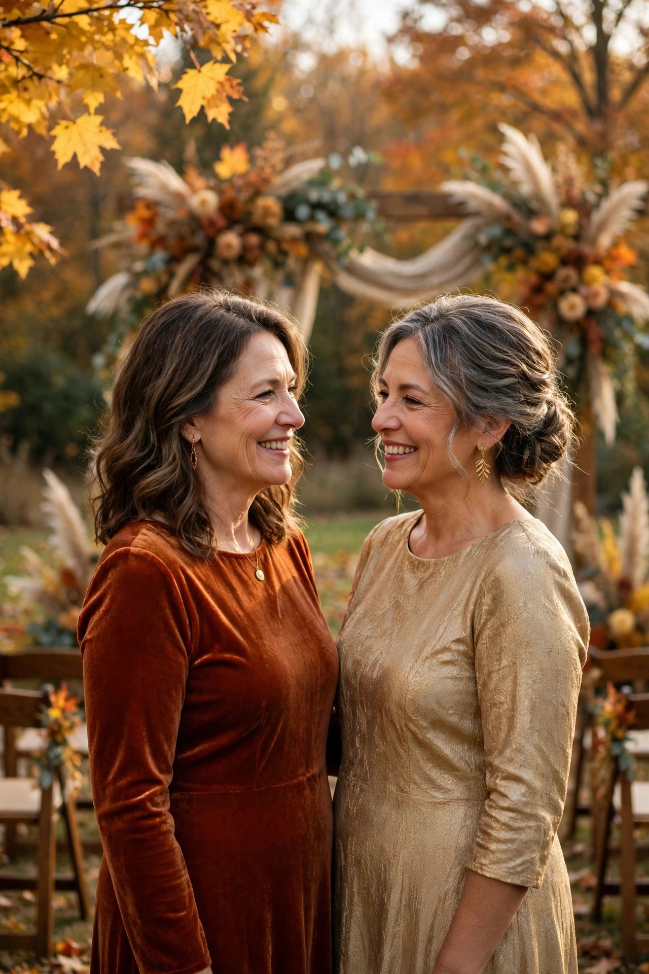 Autumn wedding mothers in rust and gold dresses beside fall foliage at an outdoor ceremony