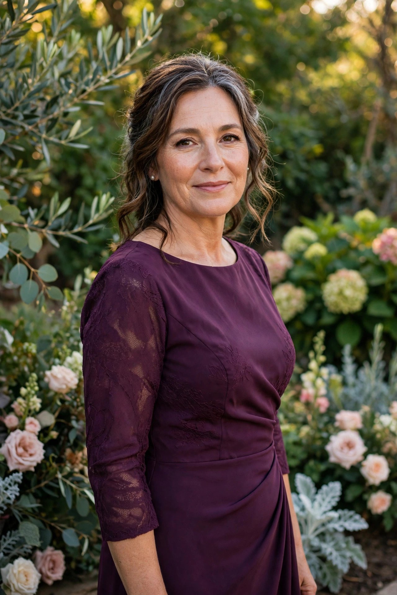 Mother of the bride in plum standing out beautifully against a green garden wedding backdrop