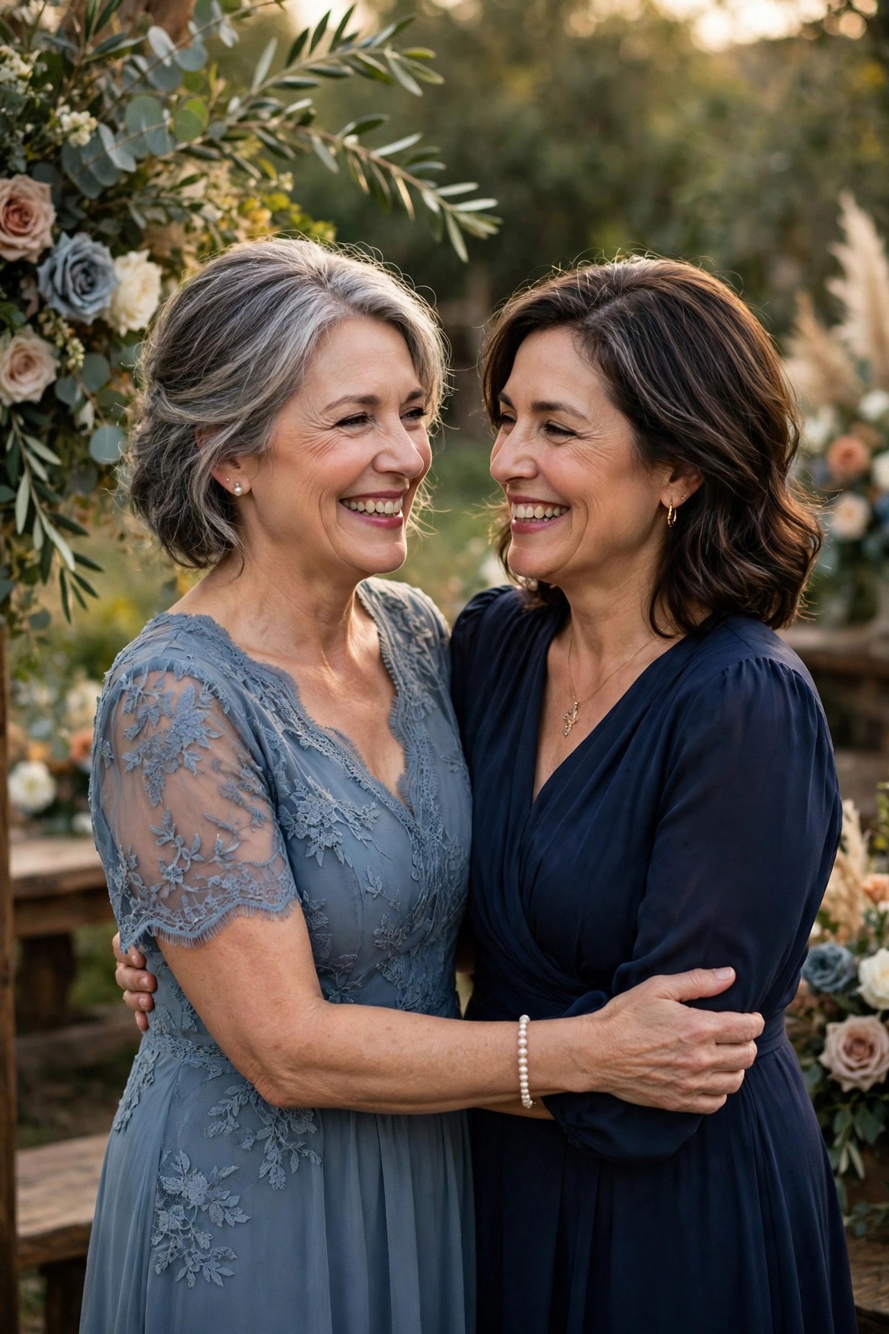 Mother of the bride and mother of the groom in coordinating dusty blue and navy dresses smiling together at a wedding