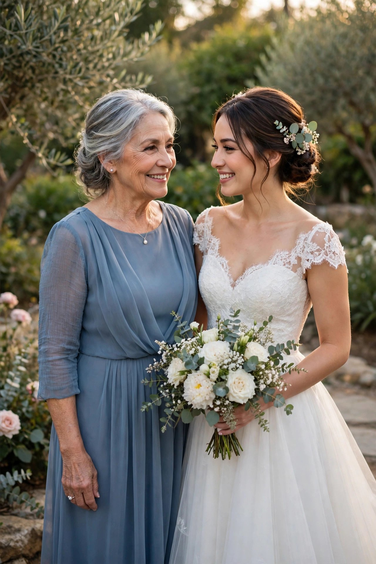 Grandmother of the bride in a dusty blue chiffon dress with three-quarter sleeves beside the bride