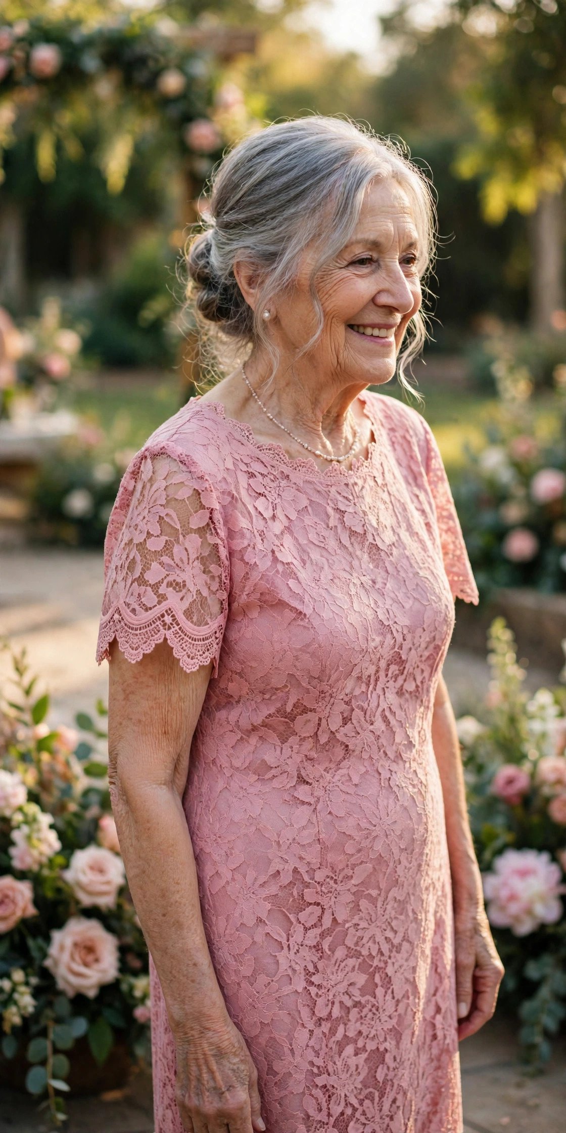 Grandmother of the bride wearing a rose pink lace midi dress with scalloped sleeves at an afternoon wedding