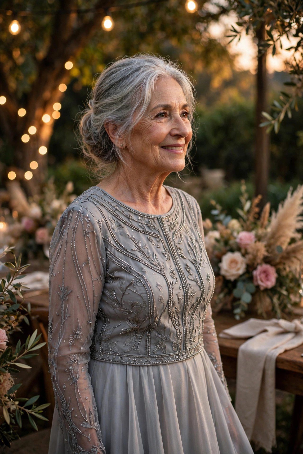 Grandmother of the bride in a silver gray beaded top and flowing skirt set at an evening reception