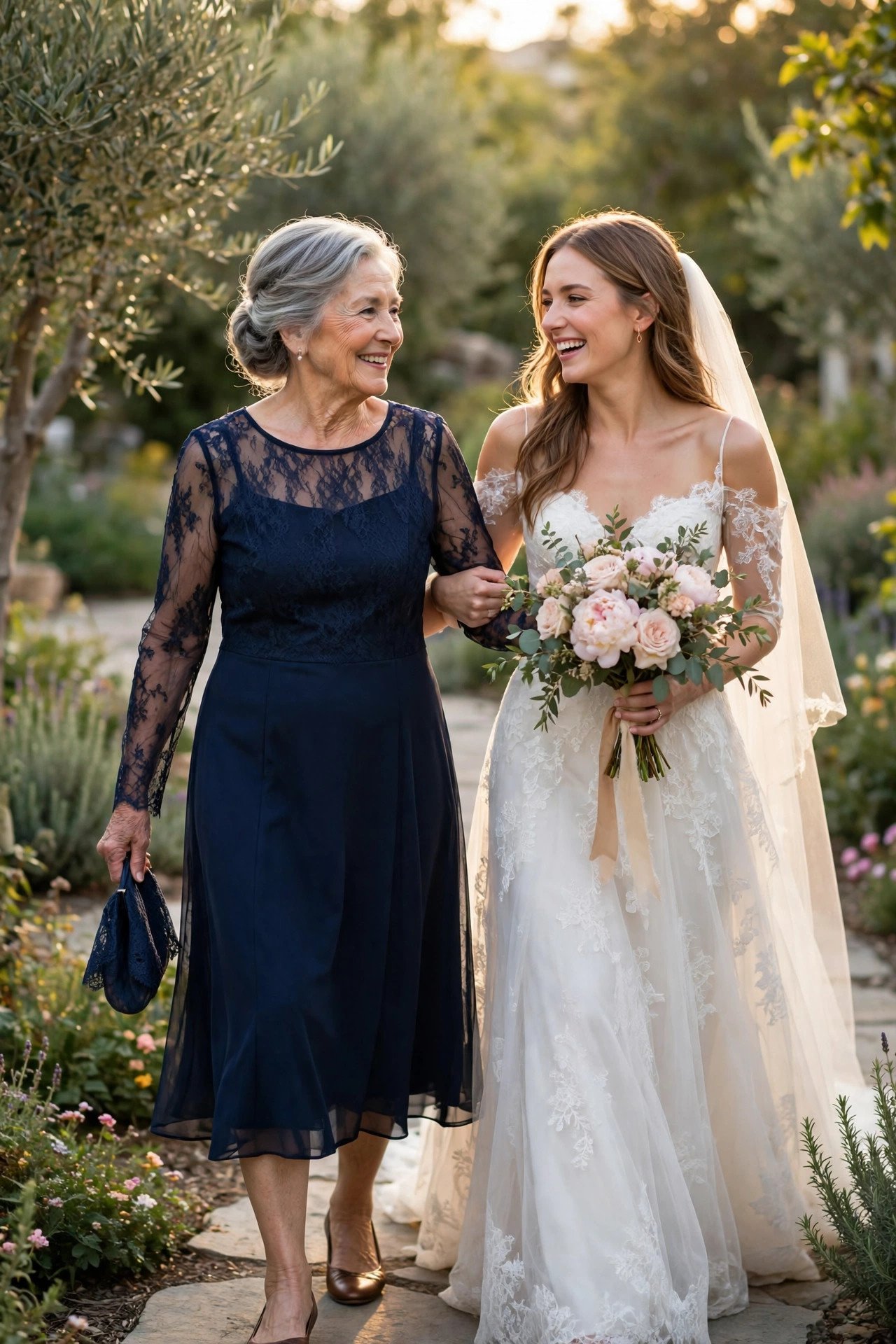 Grandmother of the bride in a navy tea-length dress with sheer sleeves walking with the bride