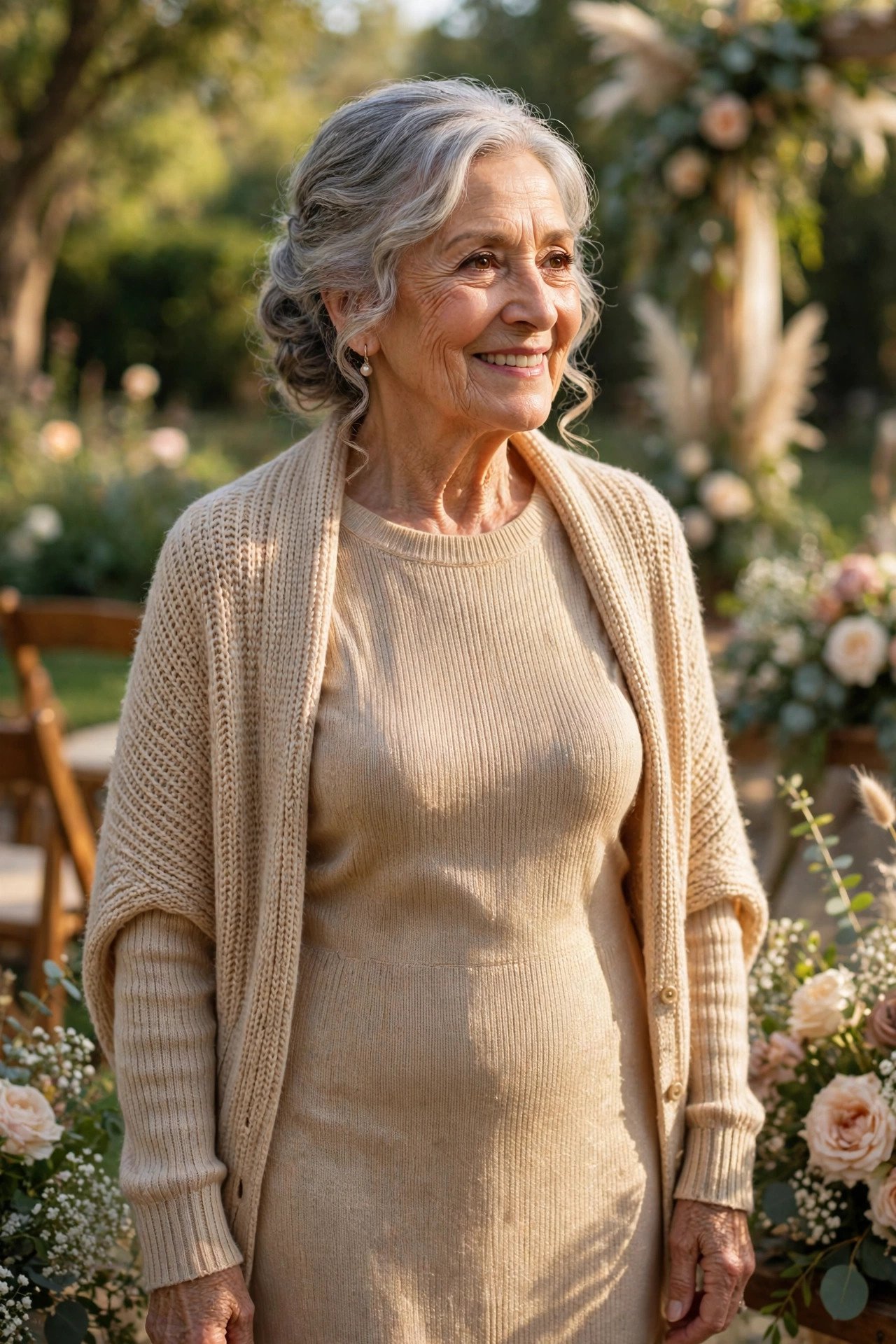 Grandmother of the bride in a champagne knit dress with a matching cardigan at a daytime wedding
