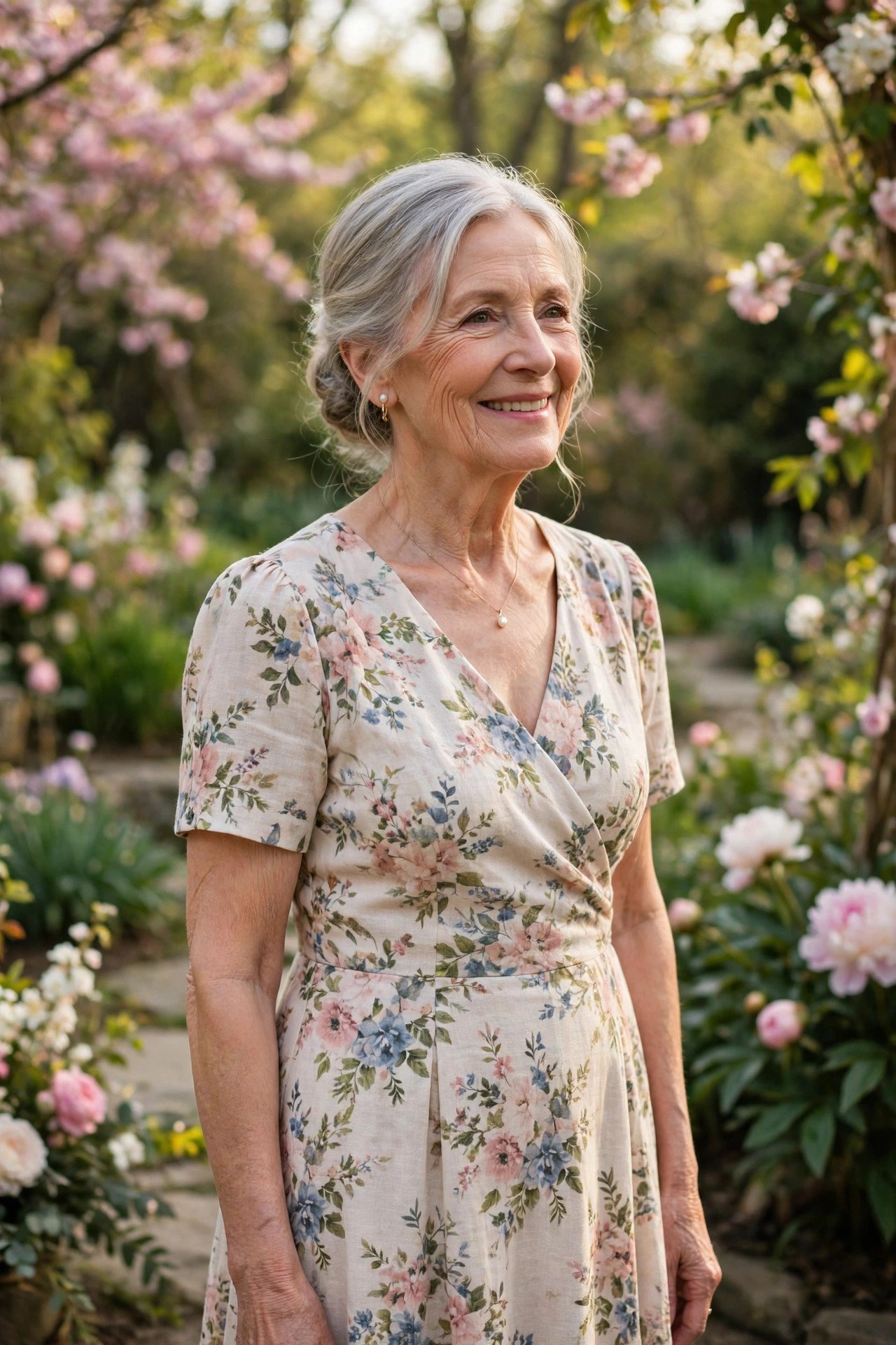 Grandmother of the bride wearing a floral print midi dress at a spring garden wedding