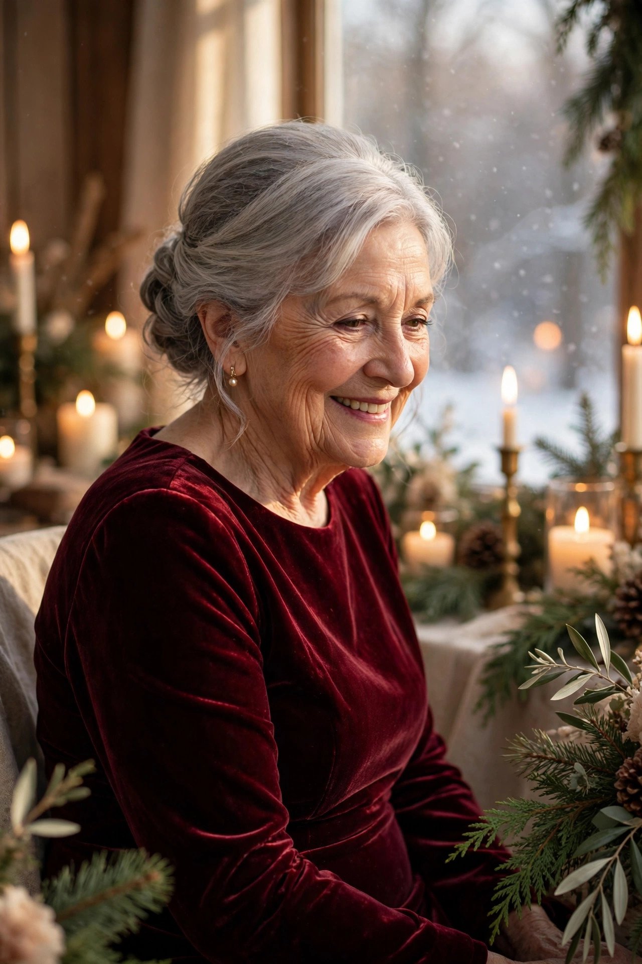 Grandmother of the bride in a burgundy velvet dress at a candlelit winter wedding