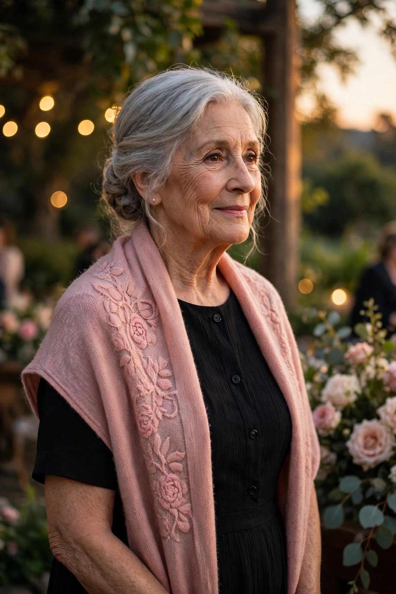 Grandmother of the bride in a classic black dress with a rose shawl at an evening wedding