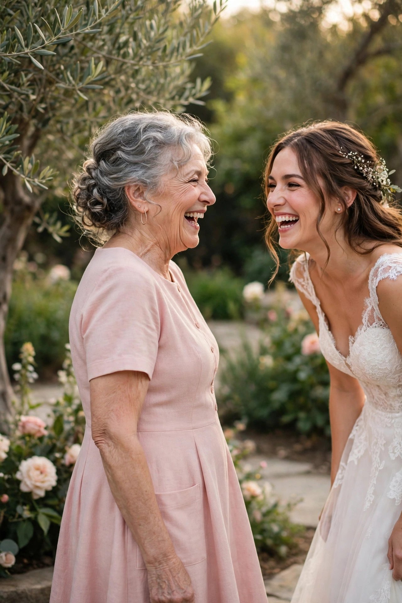 Grandmother of the bride in a blush A-line dress with pockets laughing with the bride outdoors