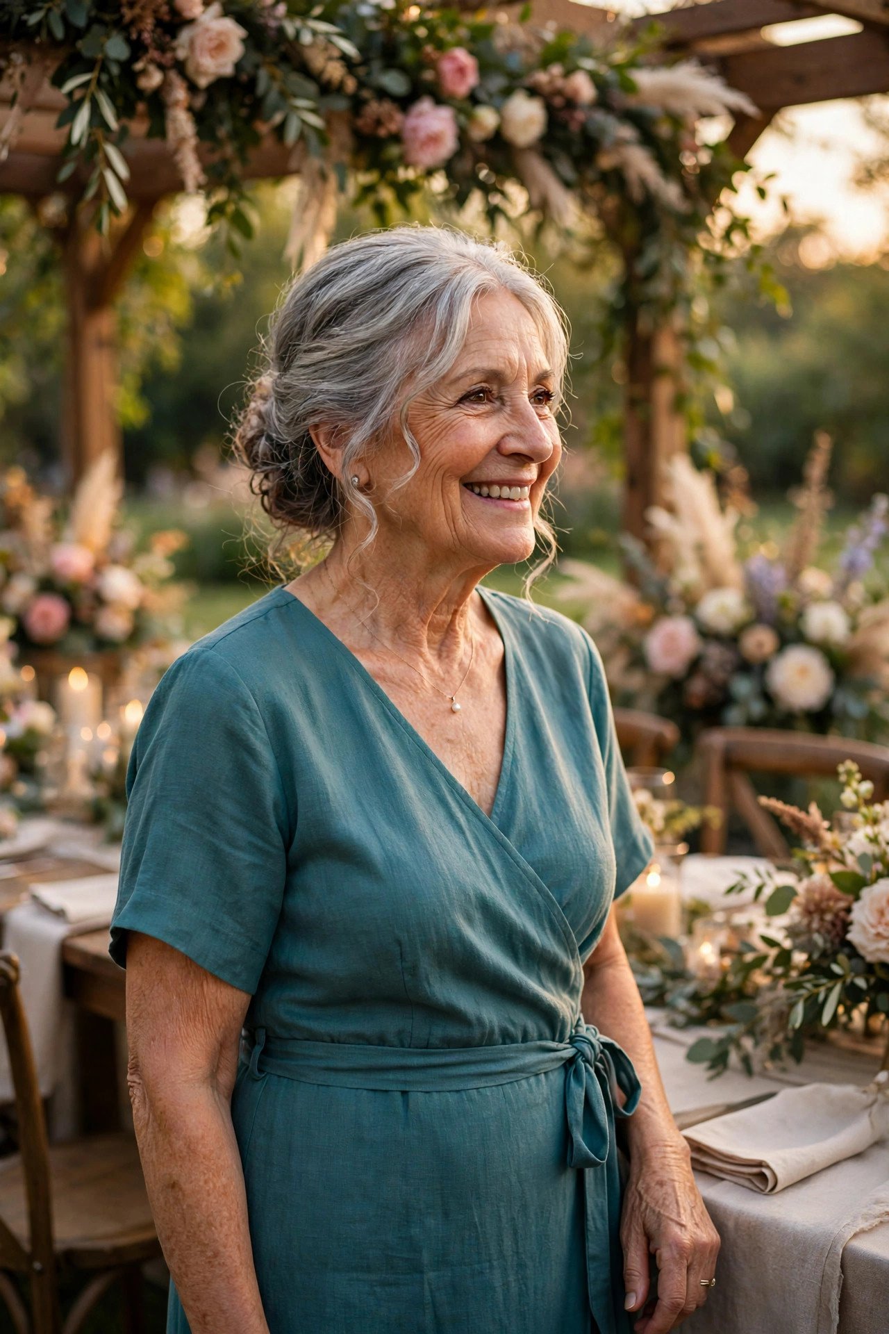 Grandmother of the bride wearing a teal wrap dress with an adjustable waist at a wedding reception