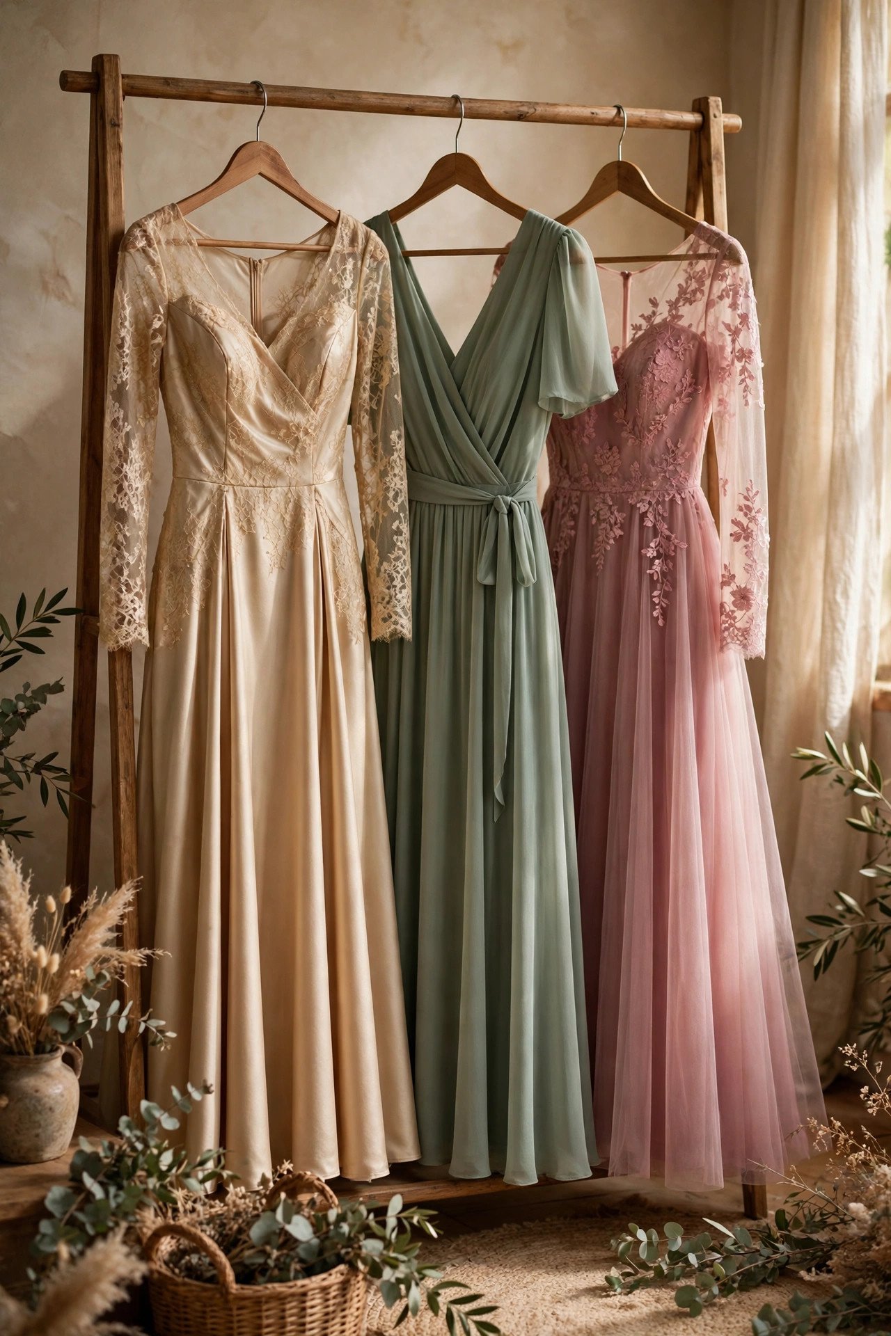 A selection of elegant stepmother dresses in champagne, sage and dusty rose, none of them white