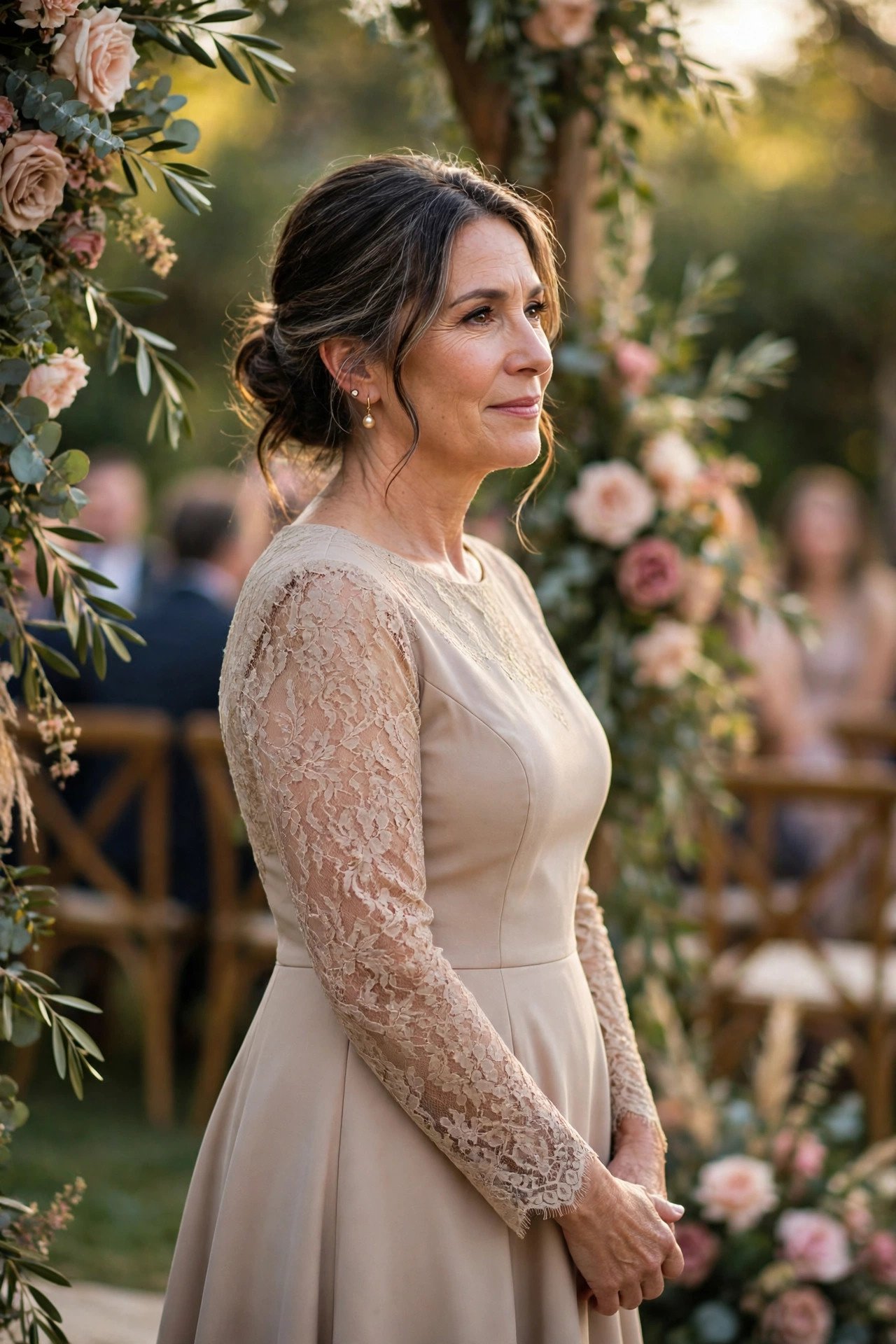 Stepmother in a classic A-line dress with lace sleeves at the wedding ceremony