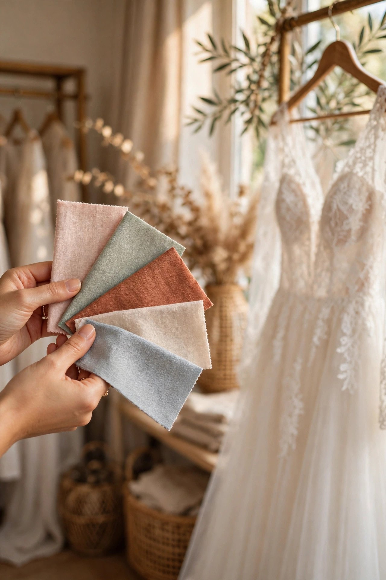 Hands holding fabric swatches in coordinating wedding colors next to a dress in a boutique