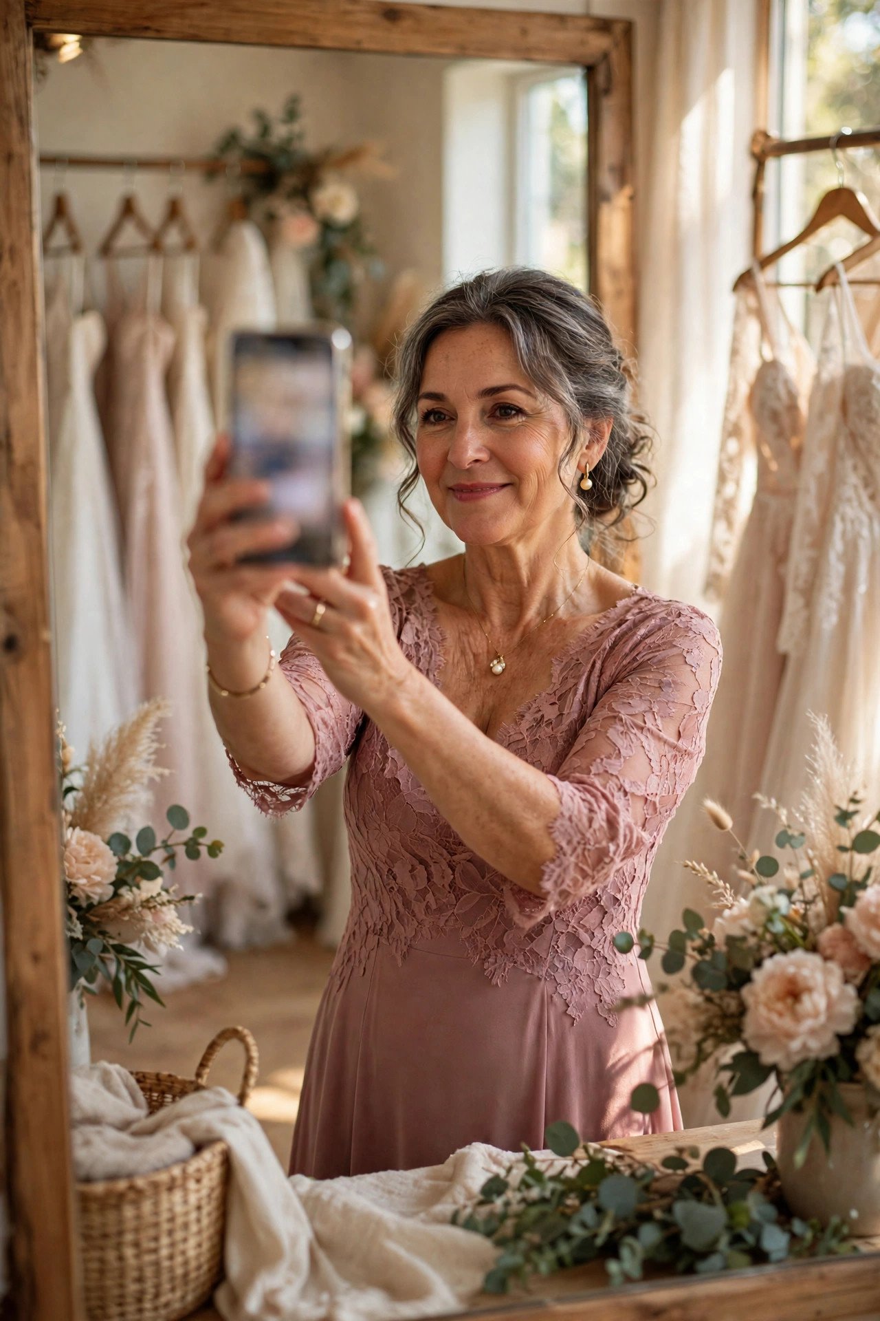 Stepmother taking a boutique mirror photo of her dress to share with the bride
