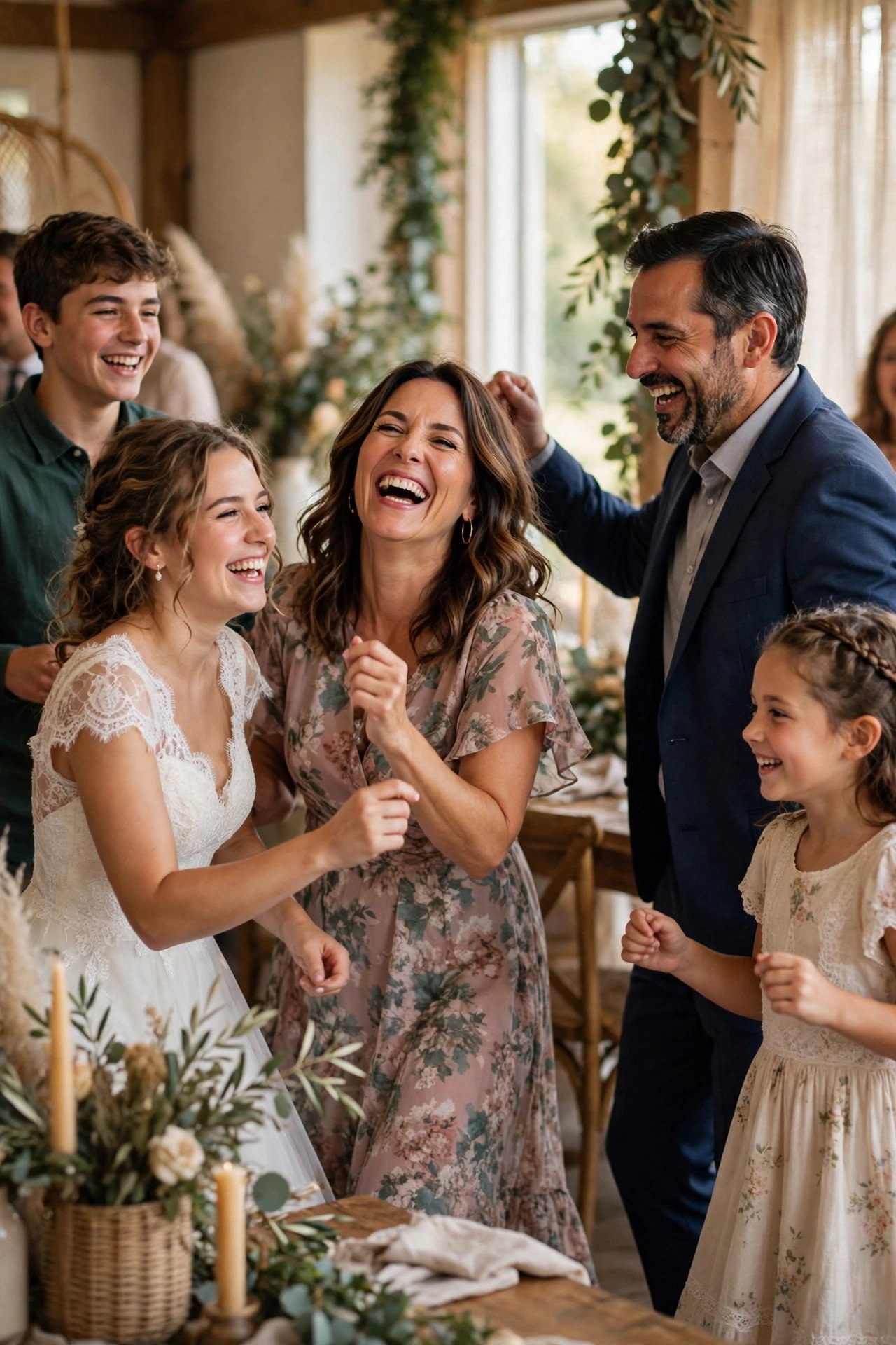 Stepmother laughing and dancing with family at the wedding reception