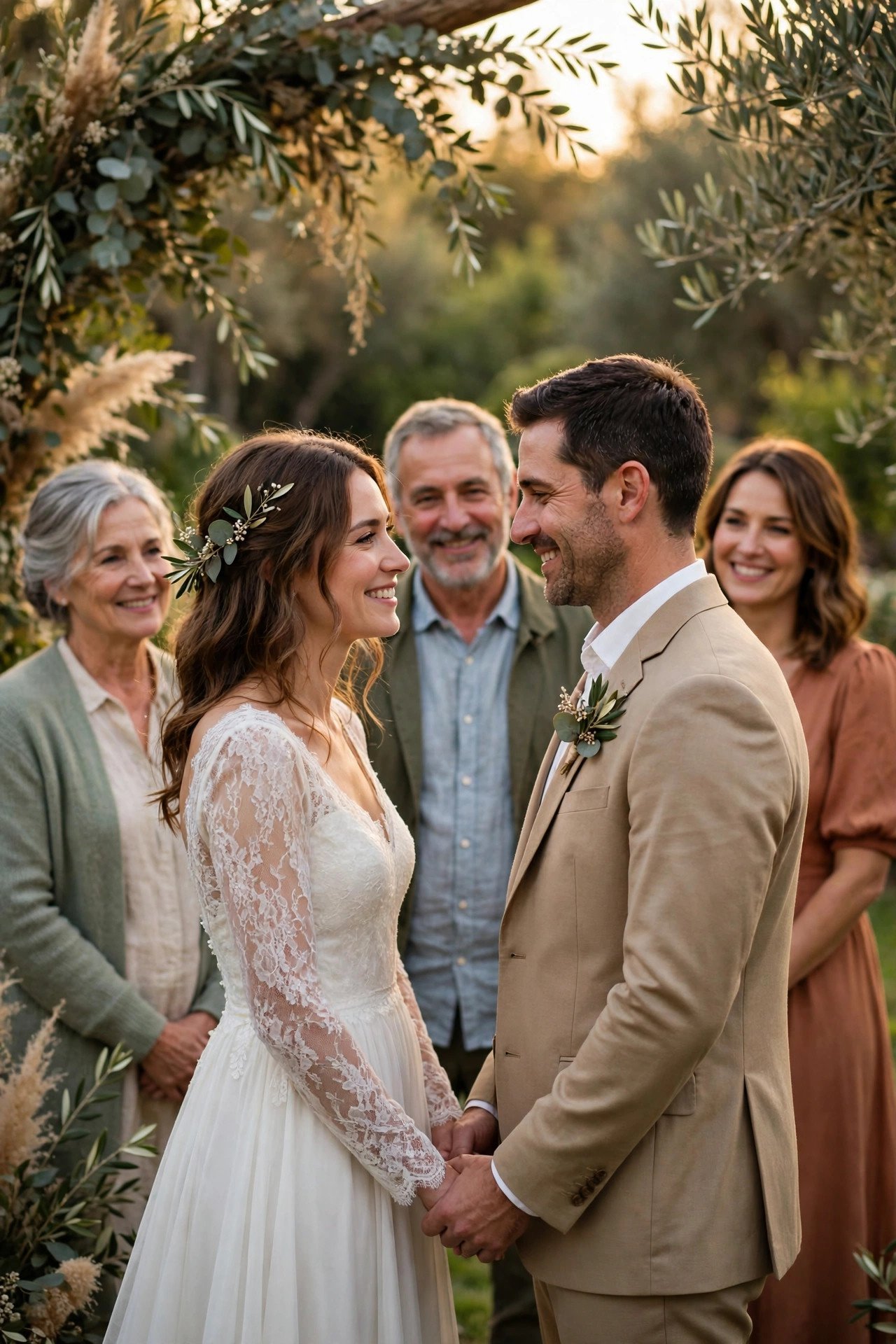 A peaceful wedding ceremony scene with family watching the couple with warm expressions