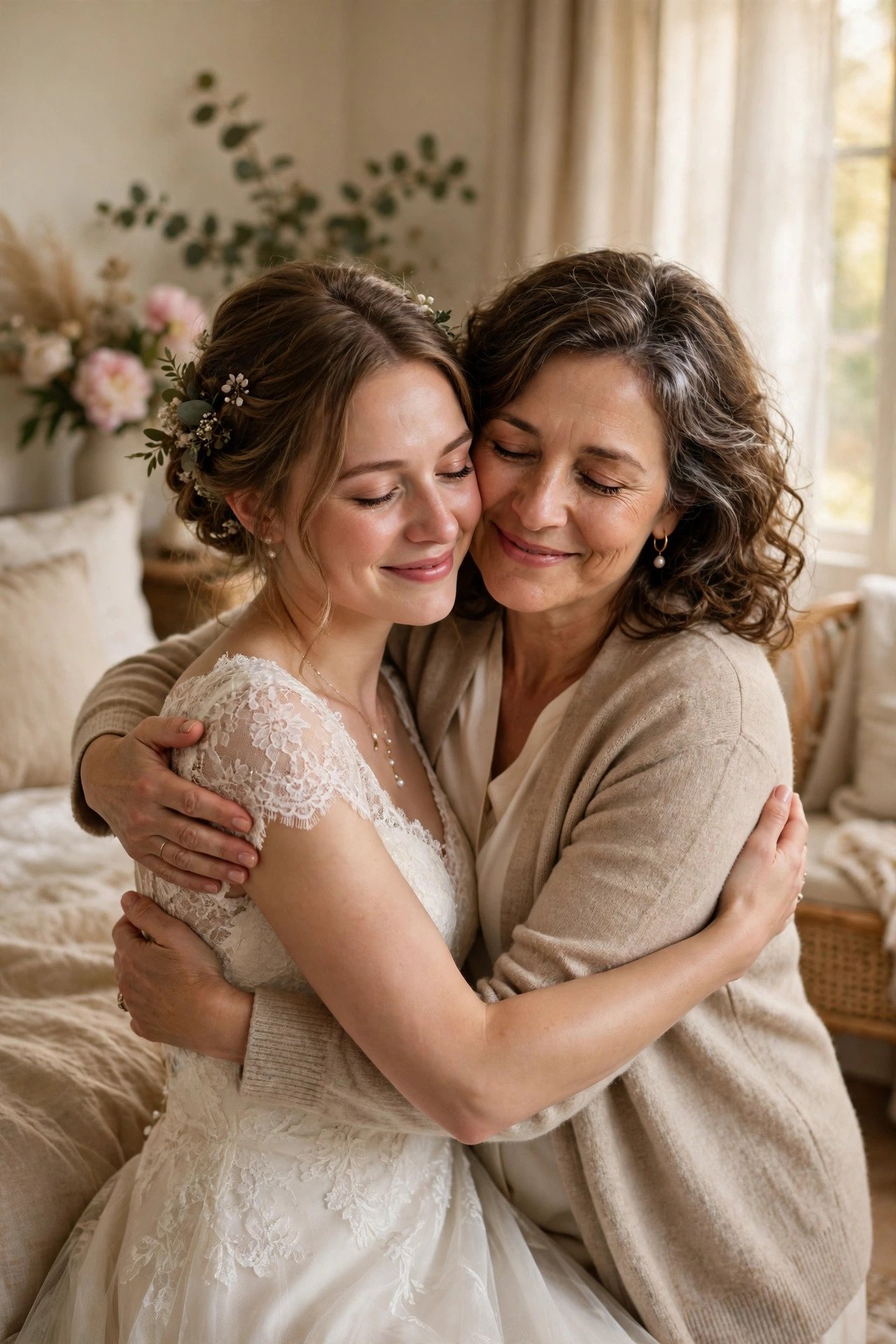Stepmother embracing the bride warmly on the wedding morning