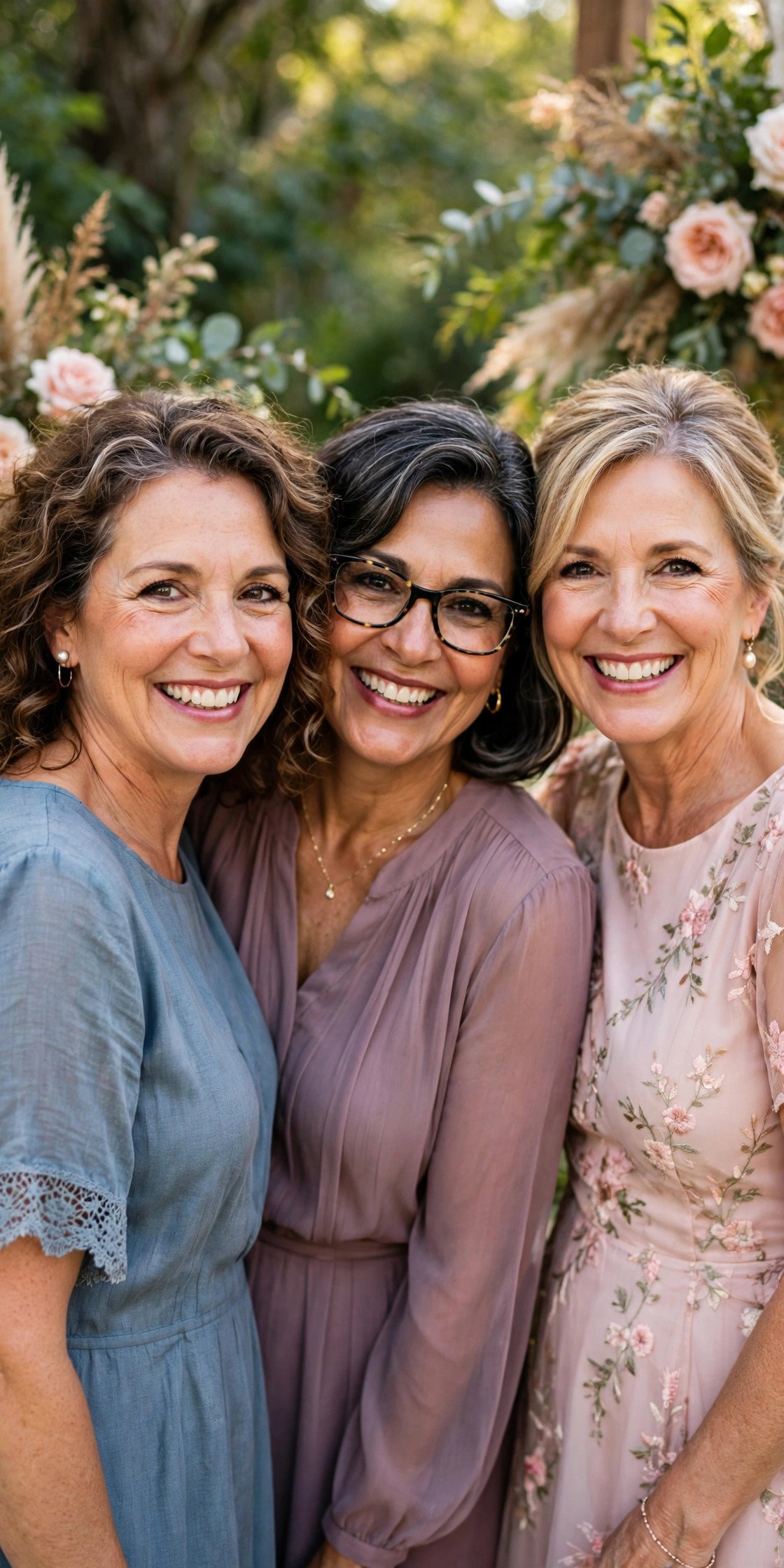 Both mothers and the stepmother smiling together in a group wedding photograph