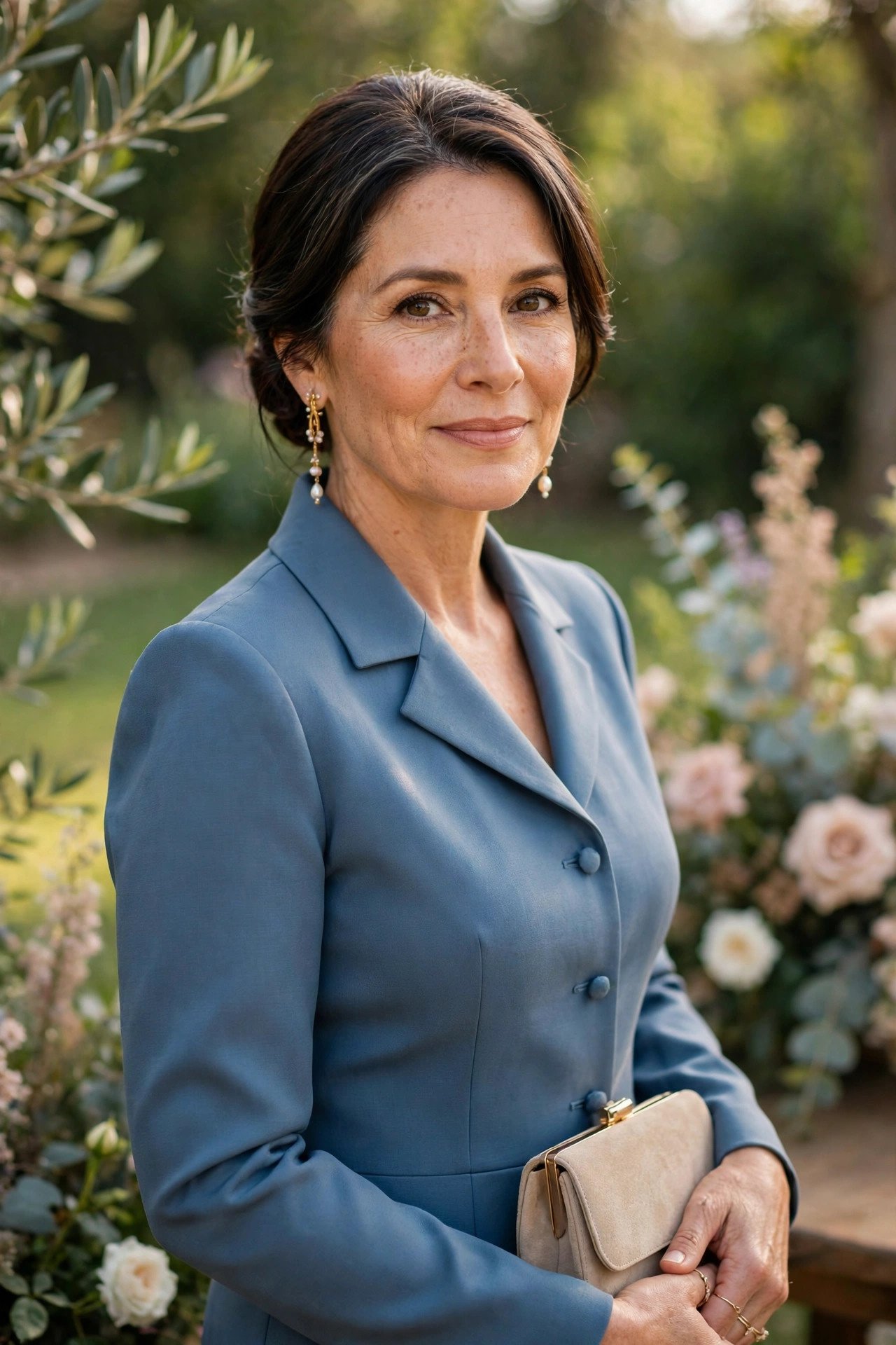 Stepmother in a well-tailored ready-to-wear dress with elegant earrings and clutch