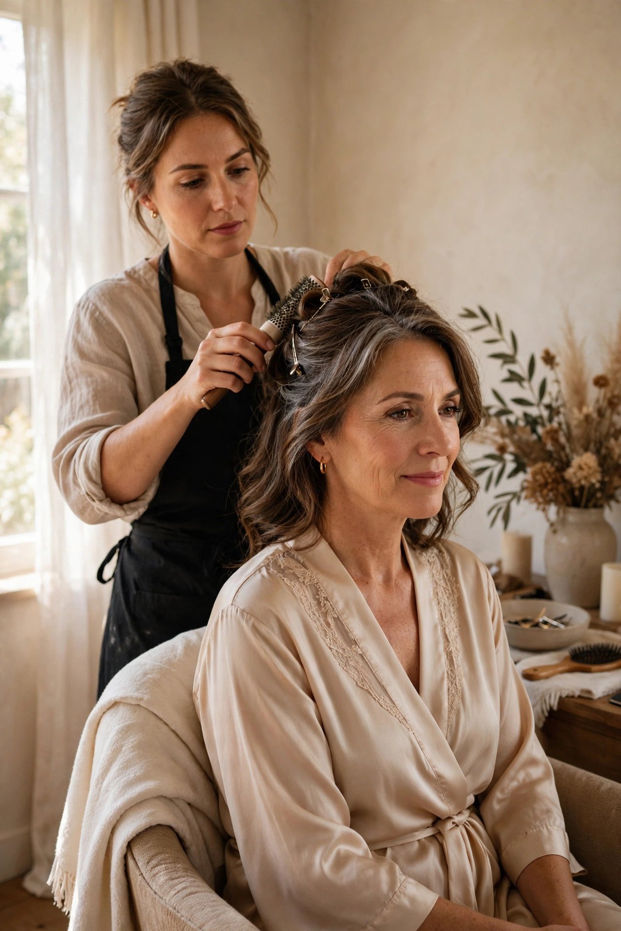Stepmother having her hair styled elegantly before the wedding