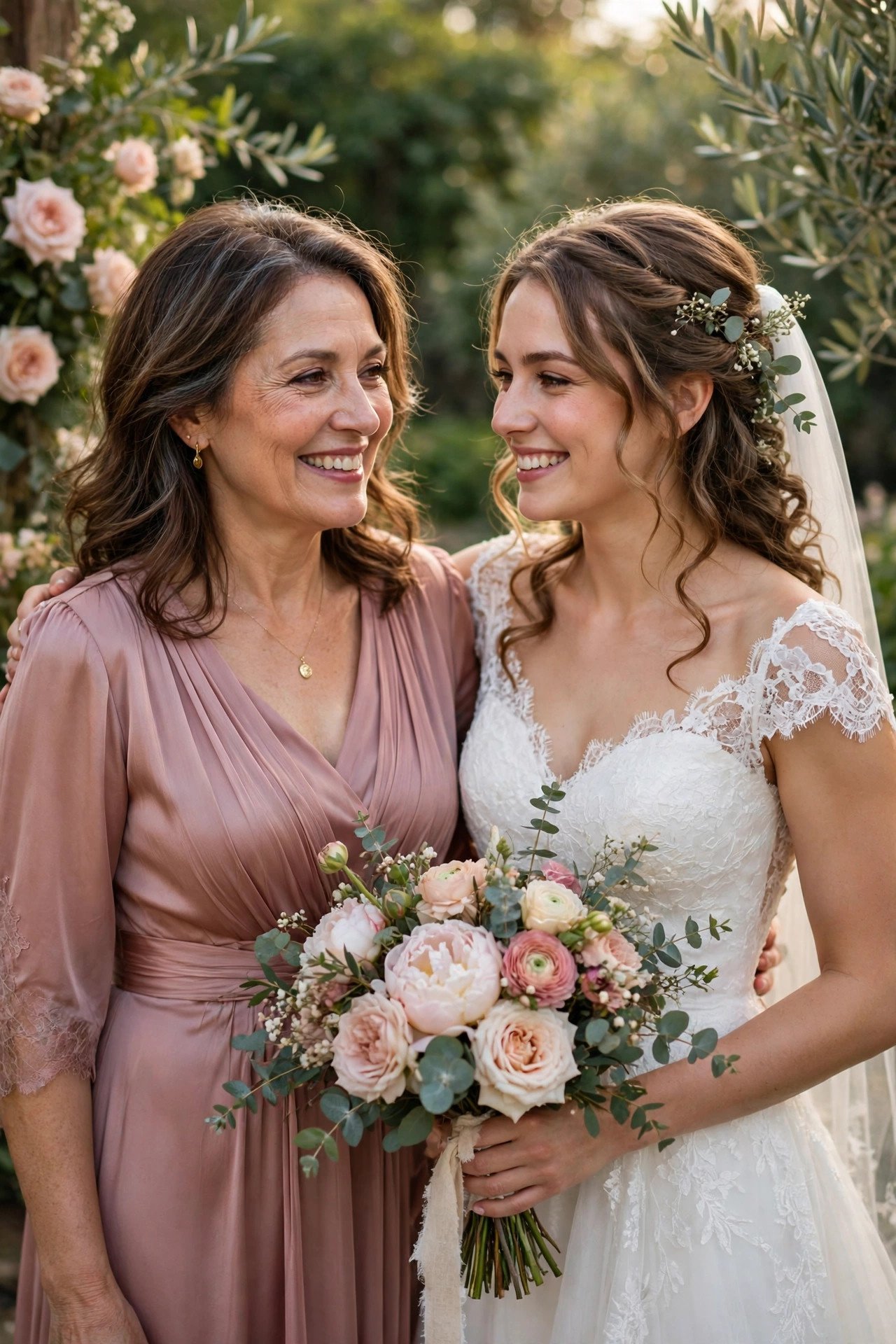 Stepmother of the bride in an elegant dusty rose dress smiling warmly with the bride on her wedding day