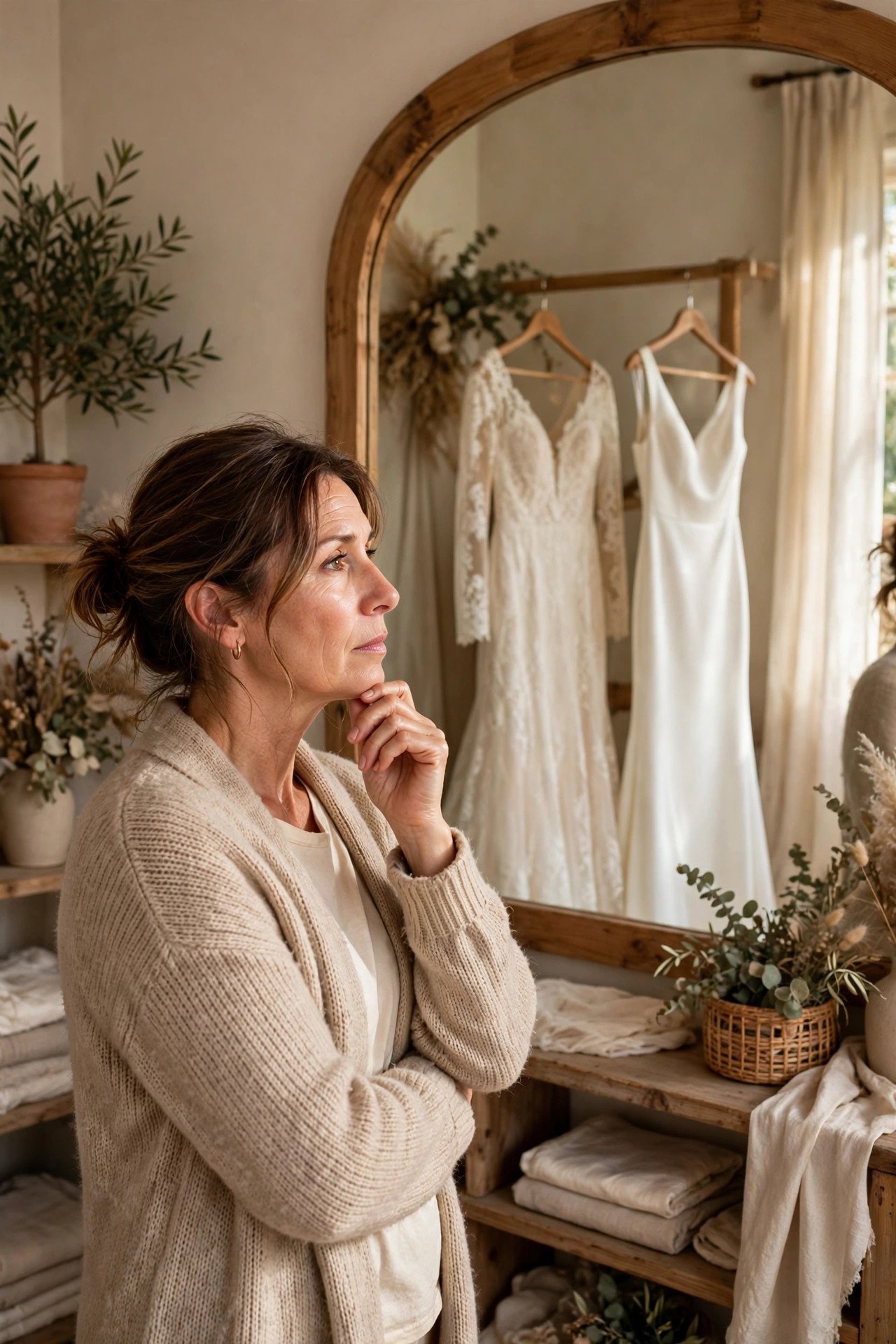 Mother comparing two finalist dresses in boutique mirror photographs on her phone