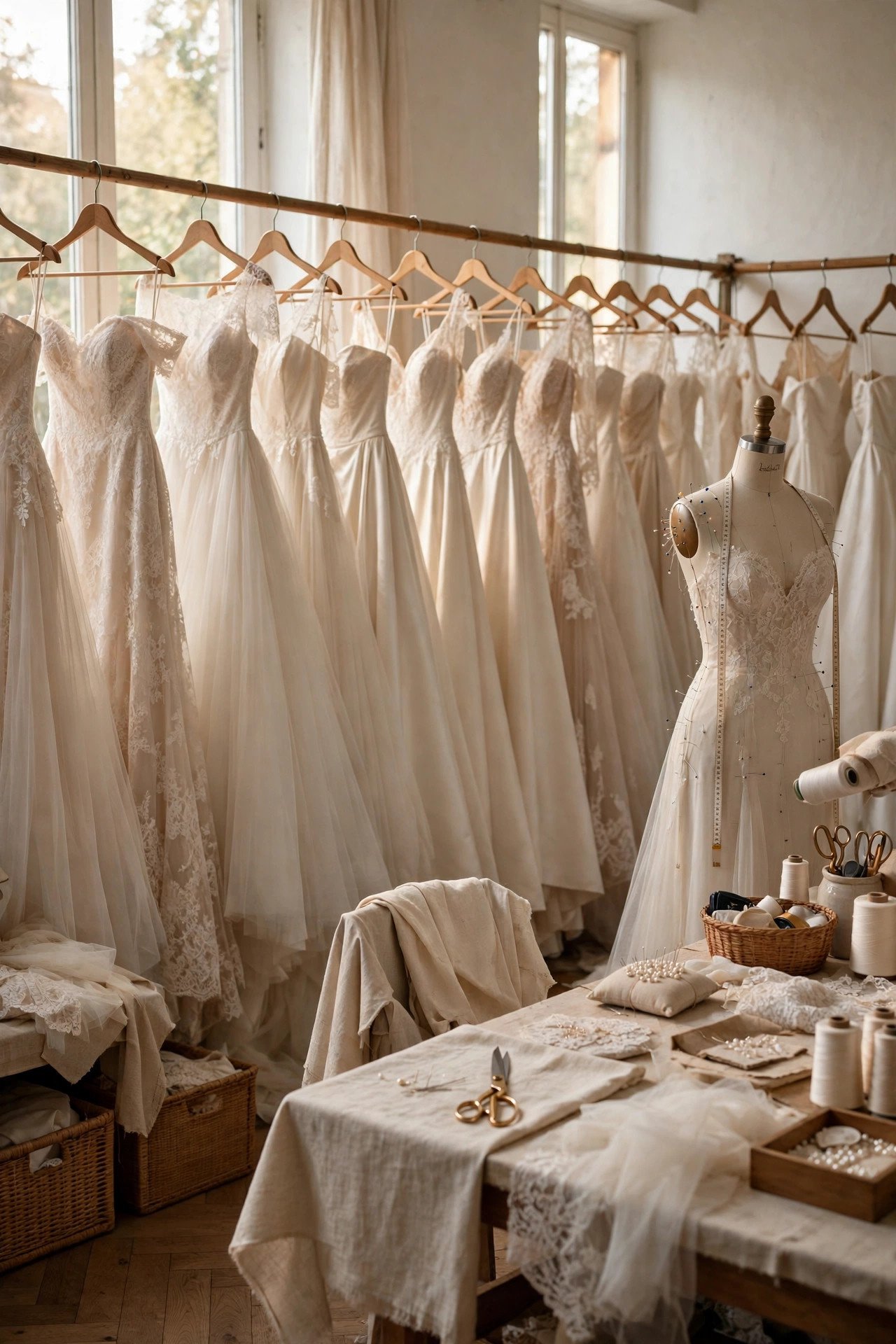 Rows of elegant gowns being prepared in a dress atelier