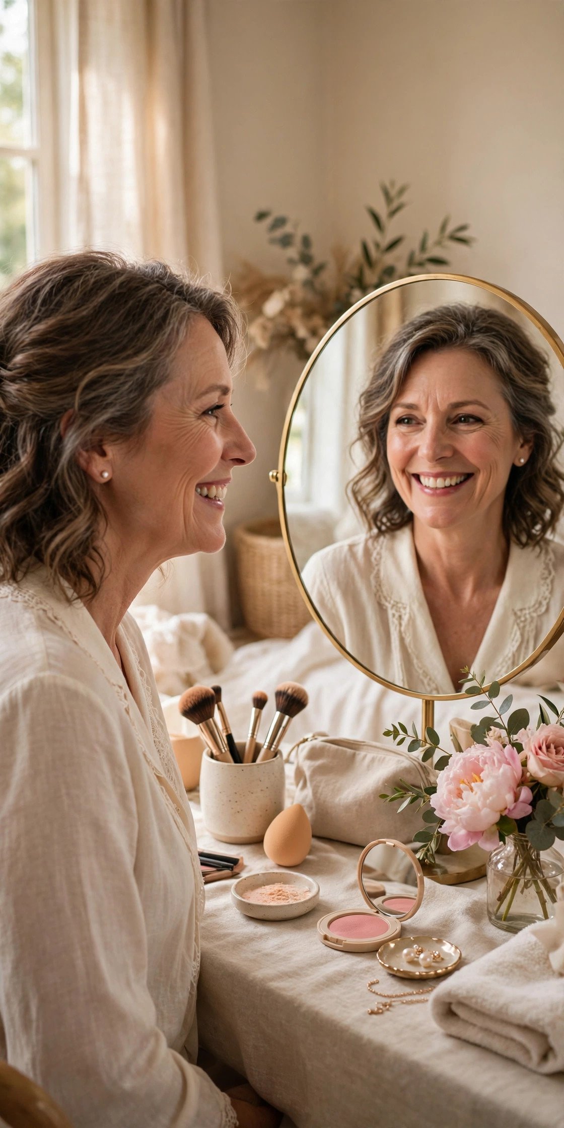 Mother of the bride at a makeup trial smiling at her reflection