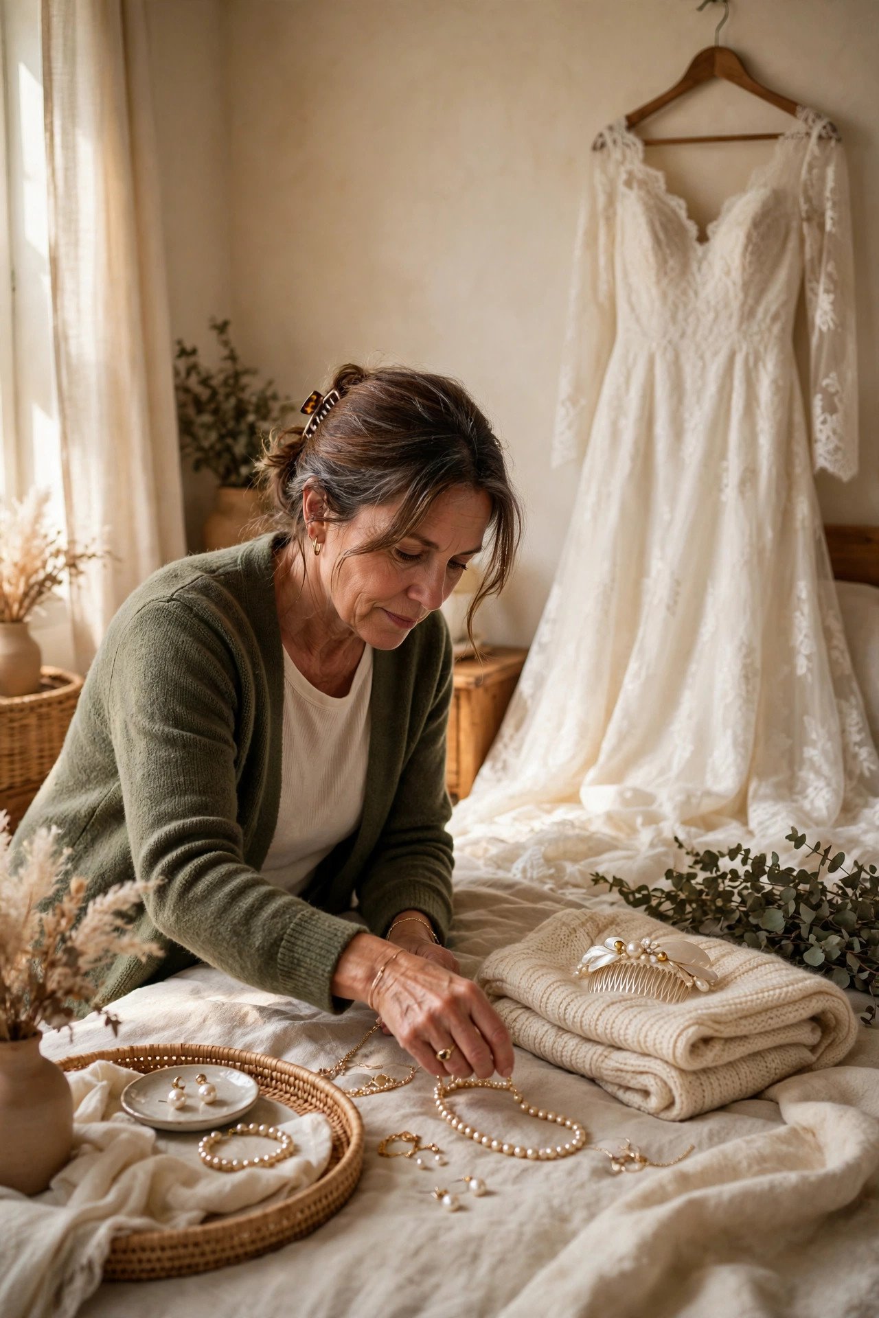 Mother laying out jewelry and a wrap beside her finished wedding outfit