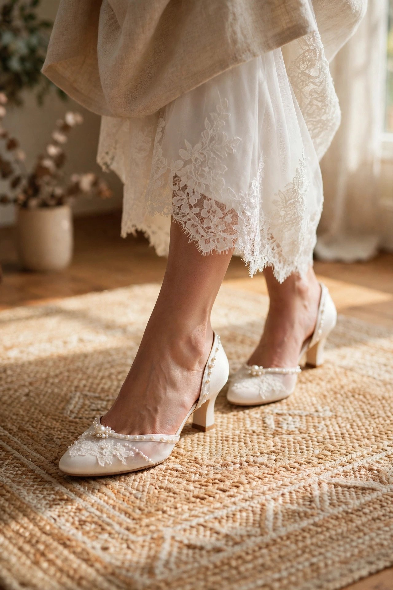 Elegant wedding shoes being worn in at home on a carpet