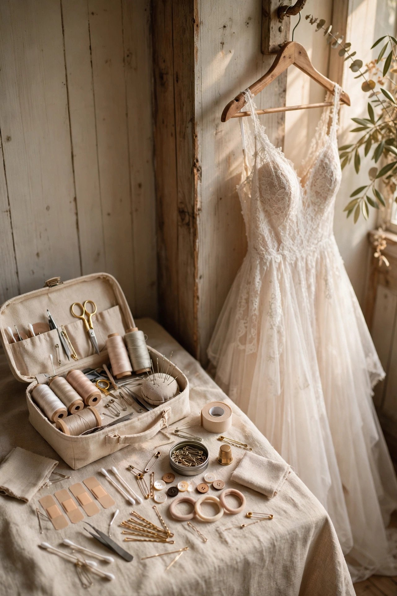 A small emergency kit with sewing supplies and essentials laid out beside a hanging dress