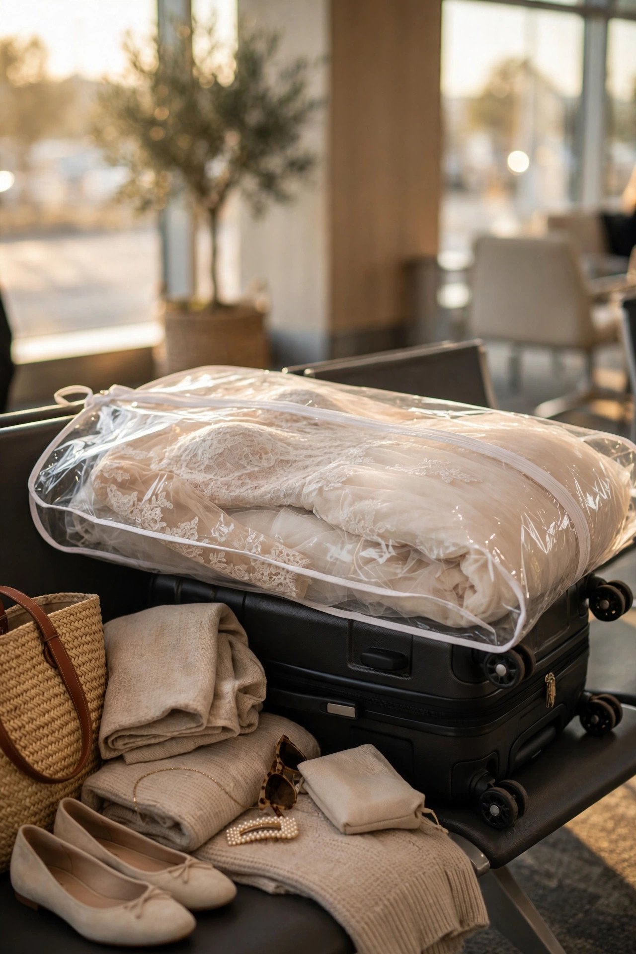 An elegant dress in a garment bag as carry-on luggage at an airport