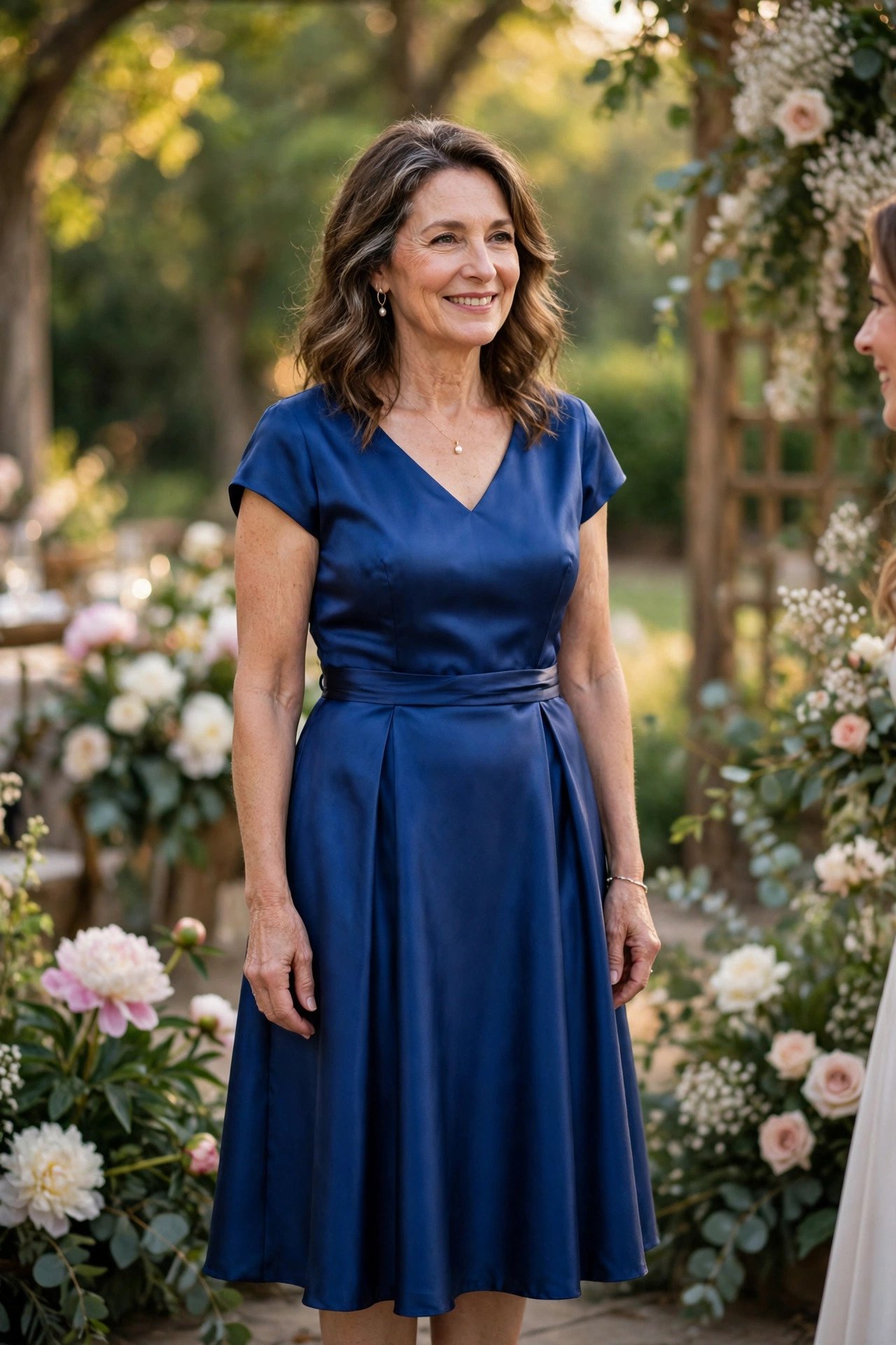Mother of the bride in a royal blue satin tea-length dress with a defined waist at a formal wedding