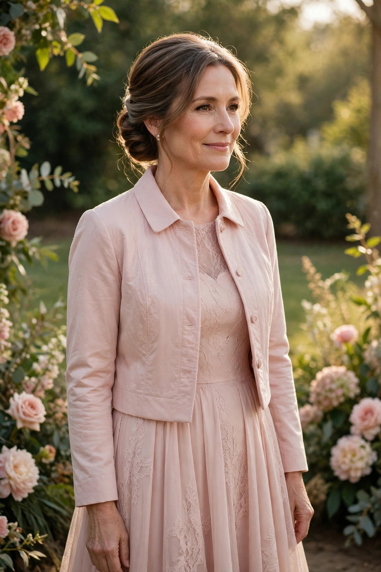 Mother of the bride in a blush pink tea-length dress with a matching cropped jacket