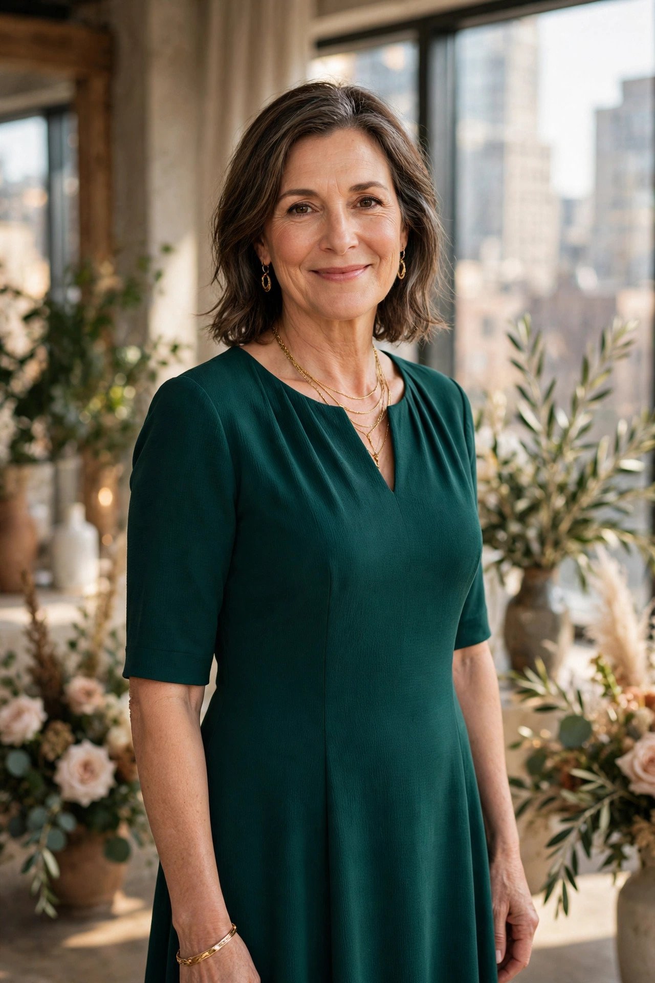 Mother of the bride wearing an emerald crepe tea-length dress with gold jewelry in a city venue