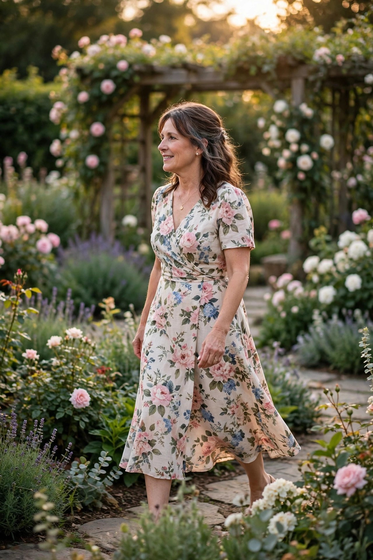 Mother of the bride in a floral print tea-length dress walking through a wedding garden