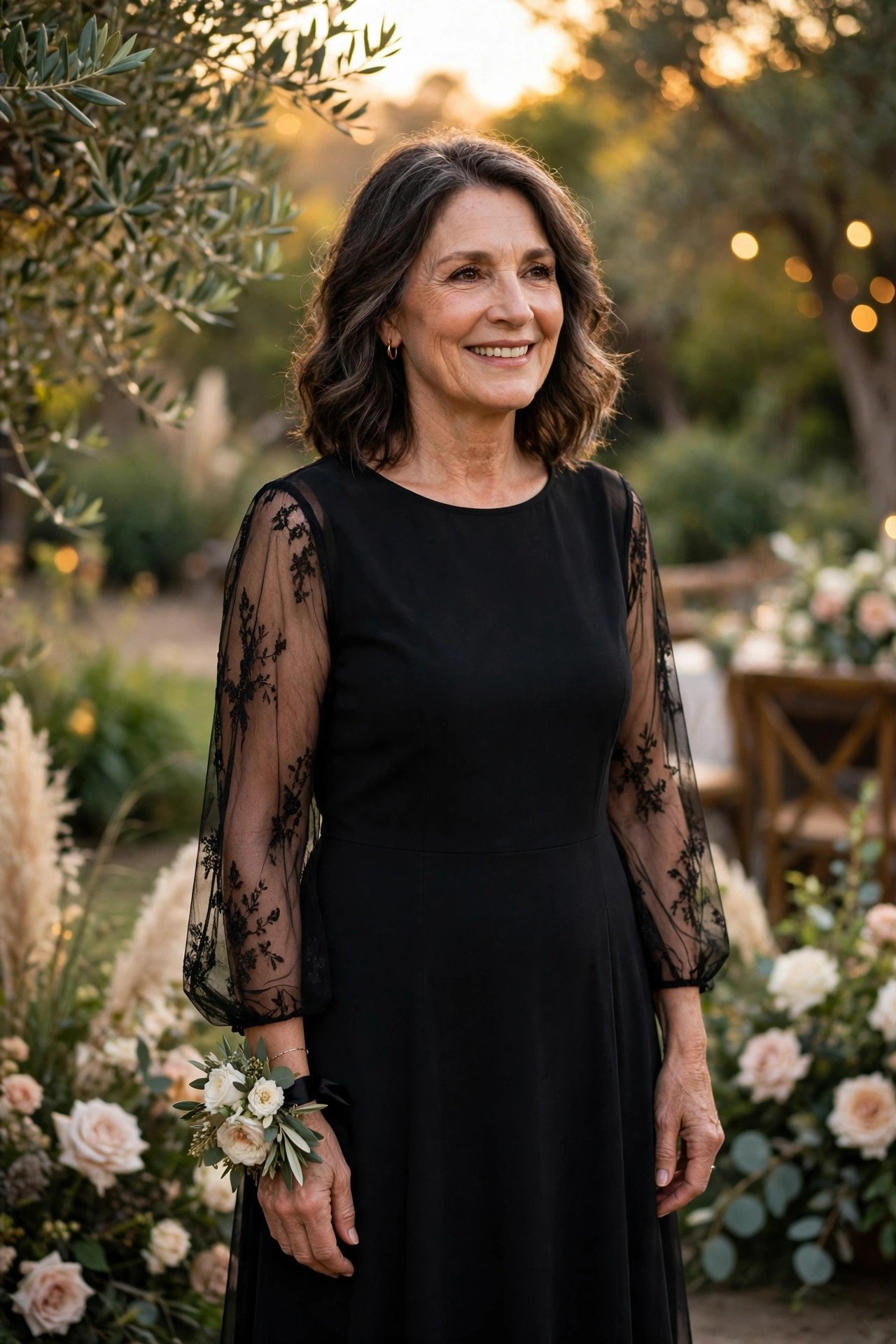 Mother of the bride wearing a black tea-length dress with sheer sleeves at a cocktail wedding