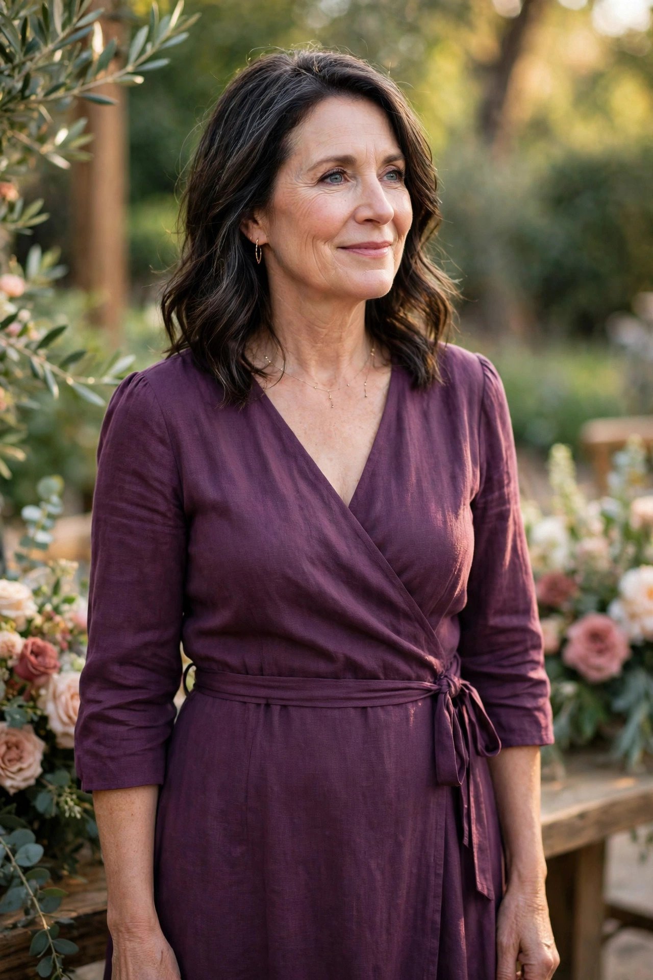 Mother of the bride in a plum tea-length wrap dress with an adjustable waist at a wedding